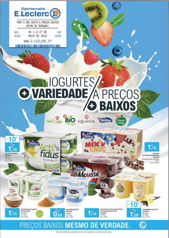 Folheto E.Leclerc - 1.5.2022 - 27.5.2022 - Produtos em promoção - sobremesa, iogurte, mousse de chocolate. Página 1.