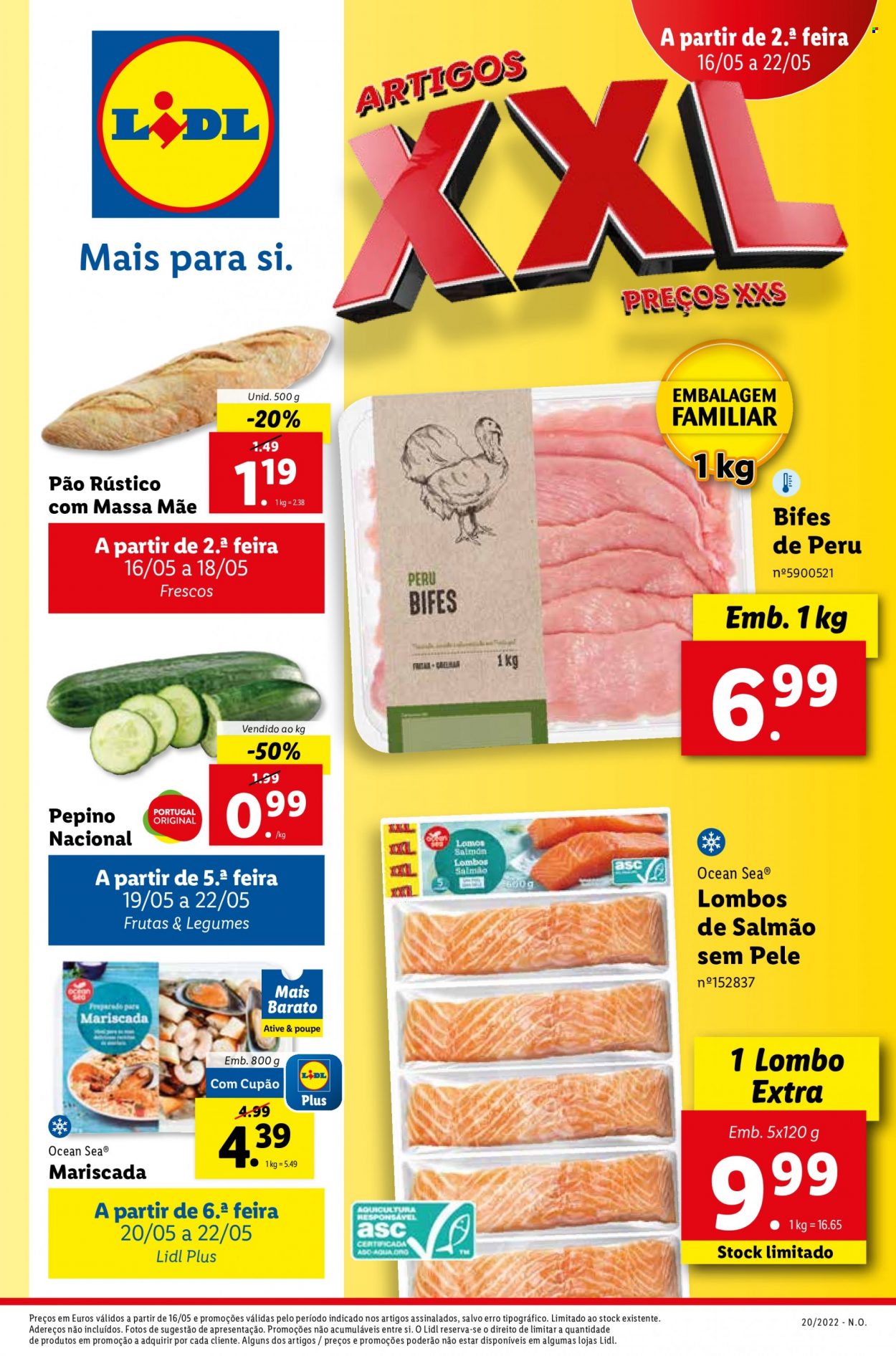 Folheto Lidl - 16.5.2022 - 22.5.2022 - Produtos em promoção - bife, lombo, pão, peru, salmão. Página 17.