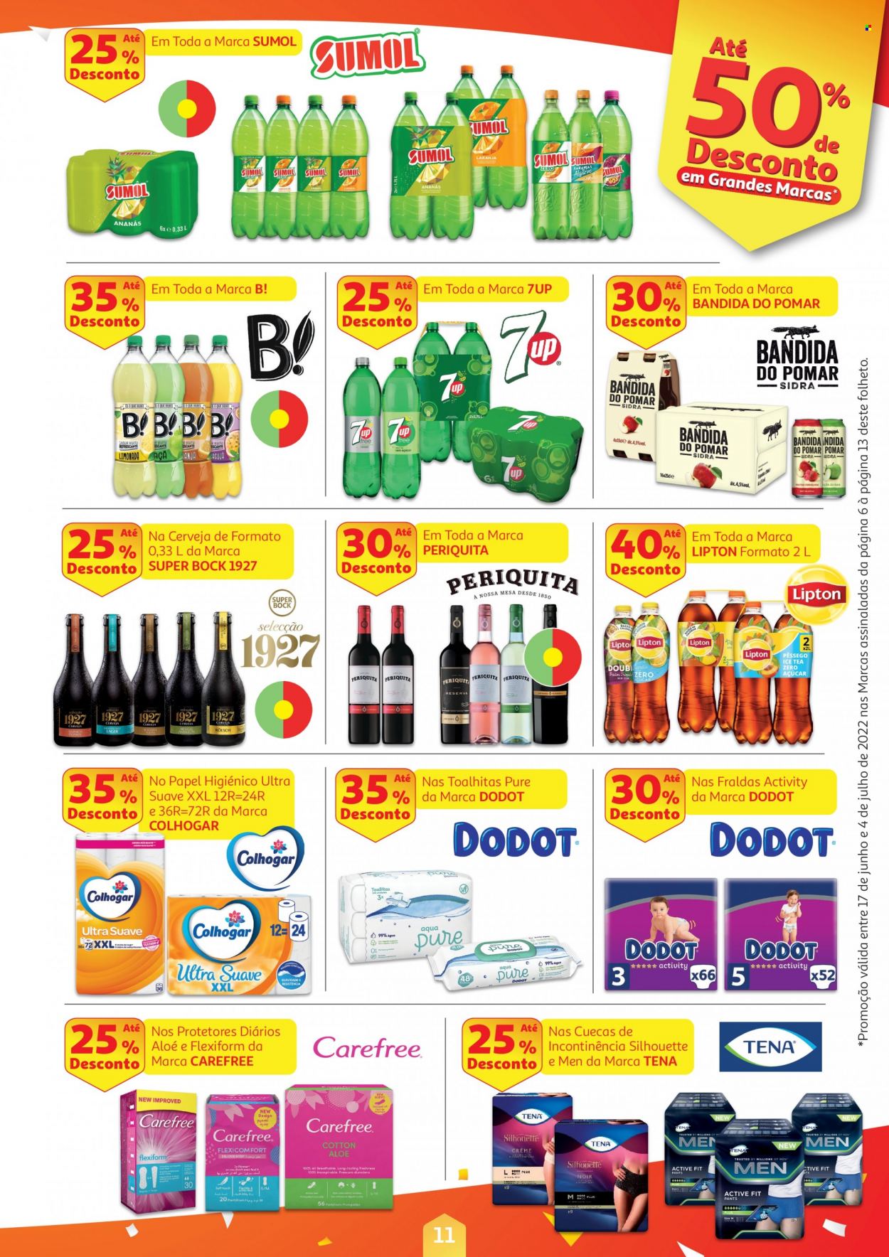 Folheto Auchan - 17.6.2022 - 4.7.2022 - Produtos em promoção - Super Bock, cerveja, Lipton, Sumol, 7-Up, toalha umedecida, fraldas, Dodot, papel higiénico, fraldas incontinência, Tena. Página 11.