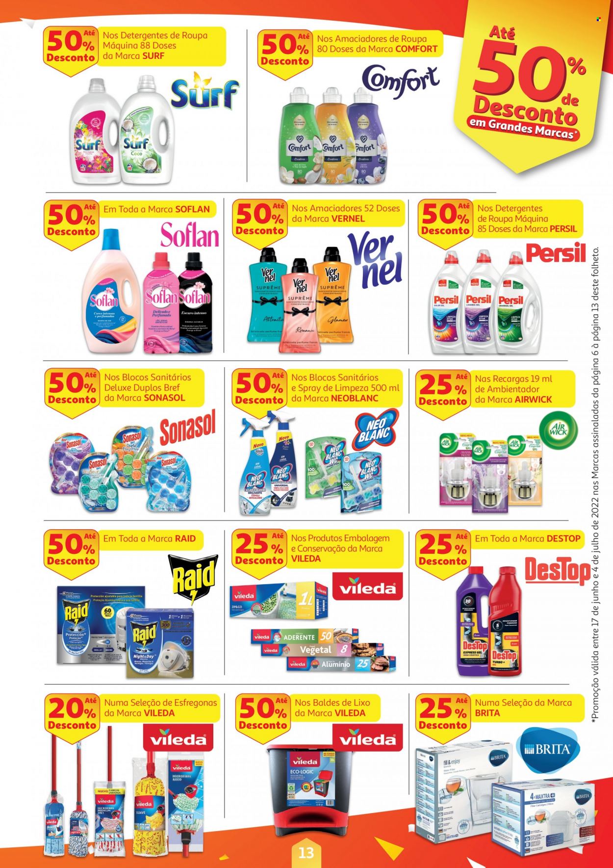 Folheto Auchan - 17.6.2022 - 4.7.2022 - Produtos em promoção - Persil, detergente, Vileda, Bref, spray de limpeza, Sonasol, Surf, Comfort, Raid, desodorizador, Air Wick. Página 13.