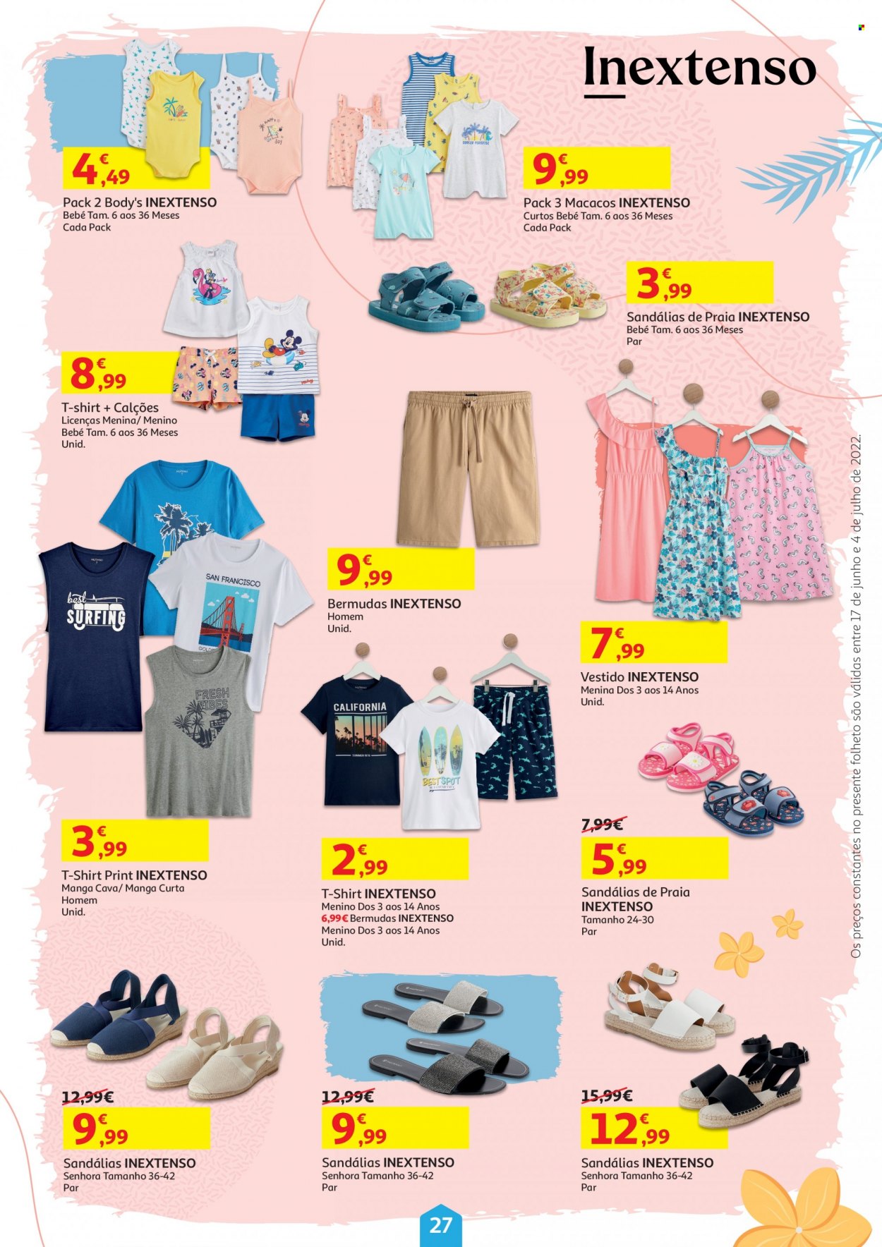 Folheto Auchan - 17.6.2022 - 4.7.2022 - Produtos em promoção - bermuda, calções, vestido, t-shirt, sandálias. Página 27.