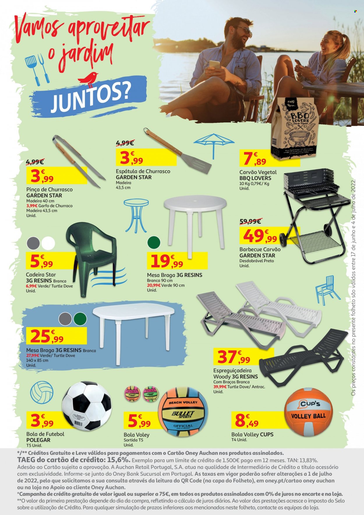 Folheto Auchan - 17.6.2022 - 4.7.2022 - Produtos em promoção - bola futebol, garfo, cadeira, espreguiçadeira, barbecue, carvão barbecue. Página 31.