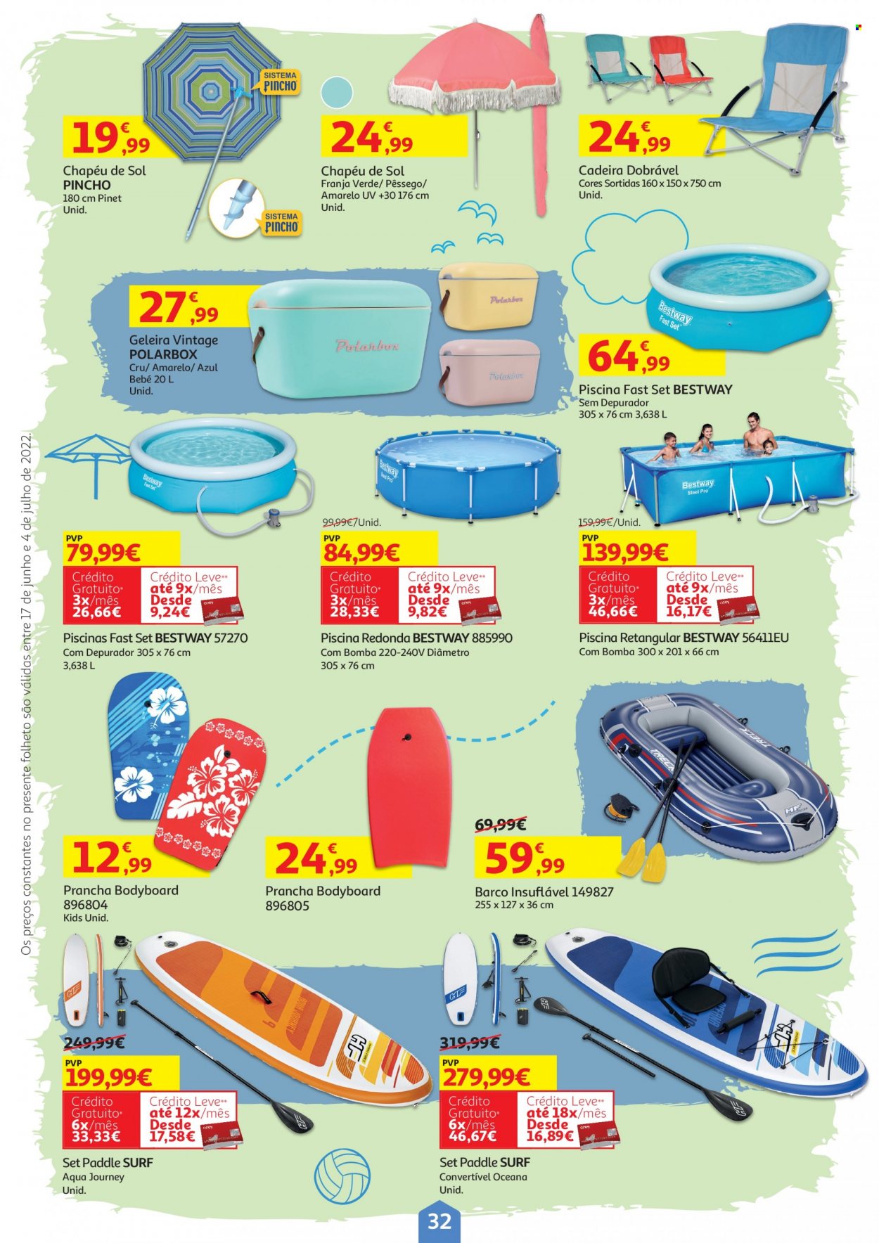 Folheto Auchan - 17.6.2022 - 4.7.2022 - Produtos em promoção - pêssego, cadeira, bestway, chapéu de sol, piscina. Página 32.