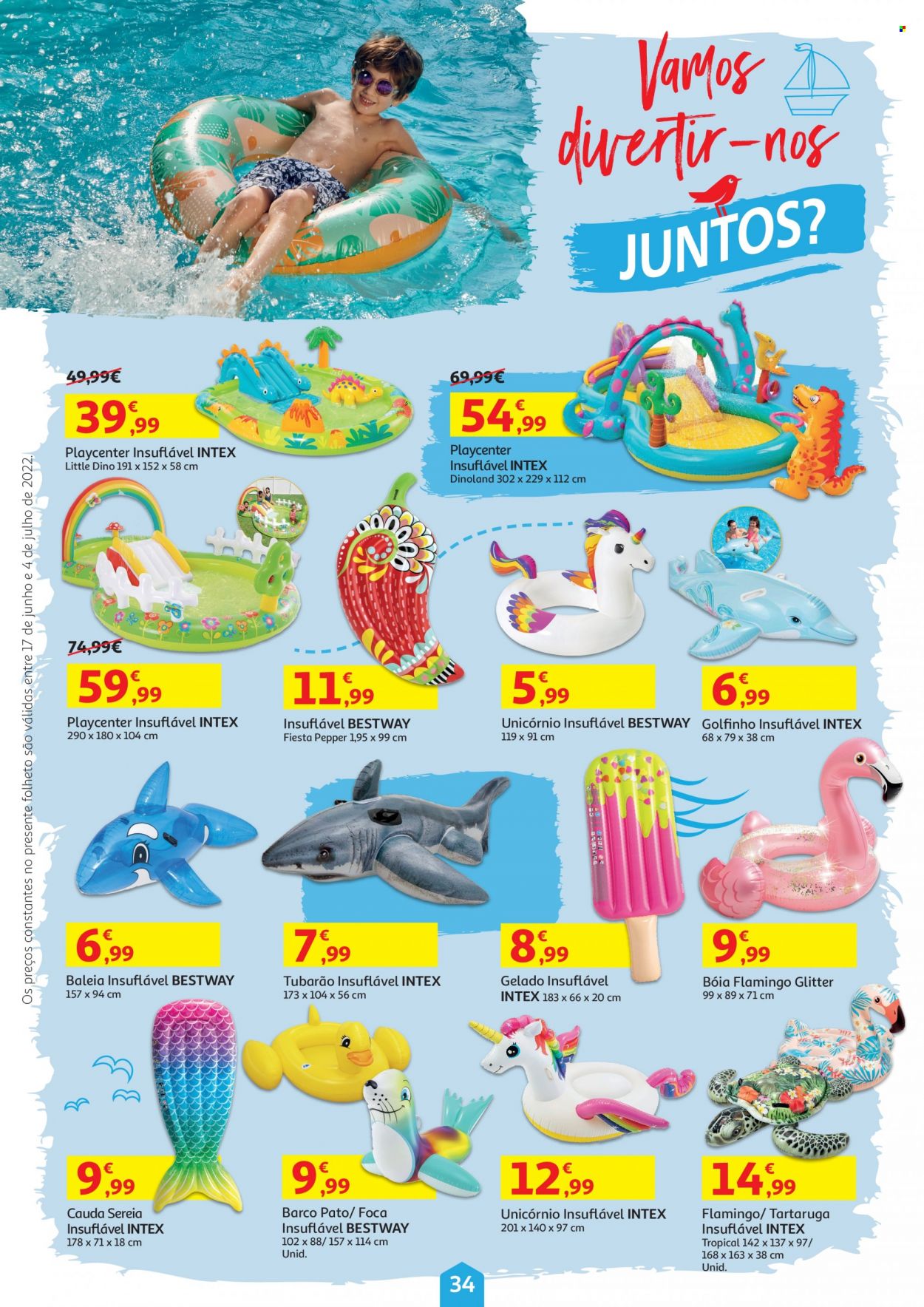 Folheto Auchan - 17.6.2022 - 4.7.2022 - Produtos em promoção - pato, gelado, tartaruga, unicórnio, golfinho, bestway. Página 34.