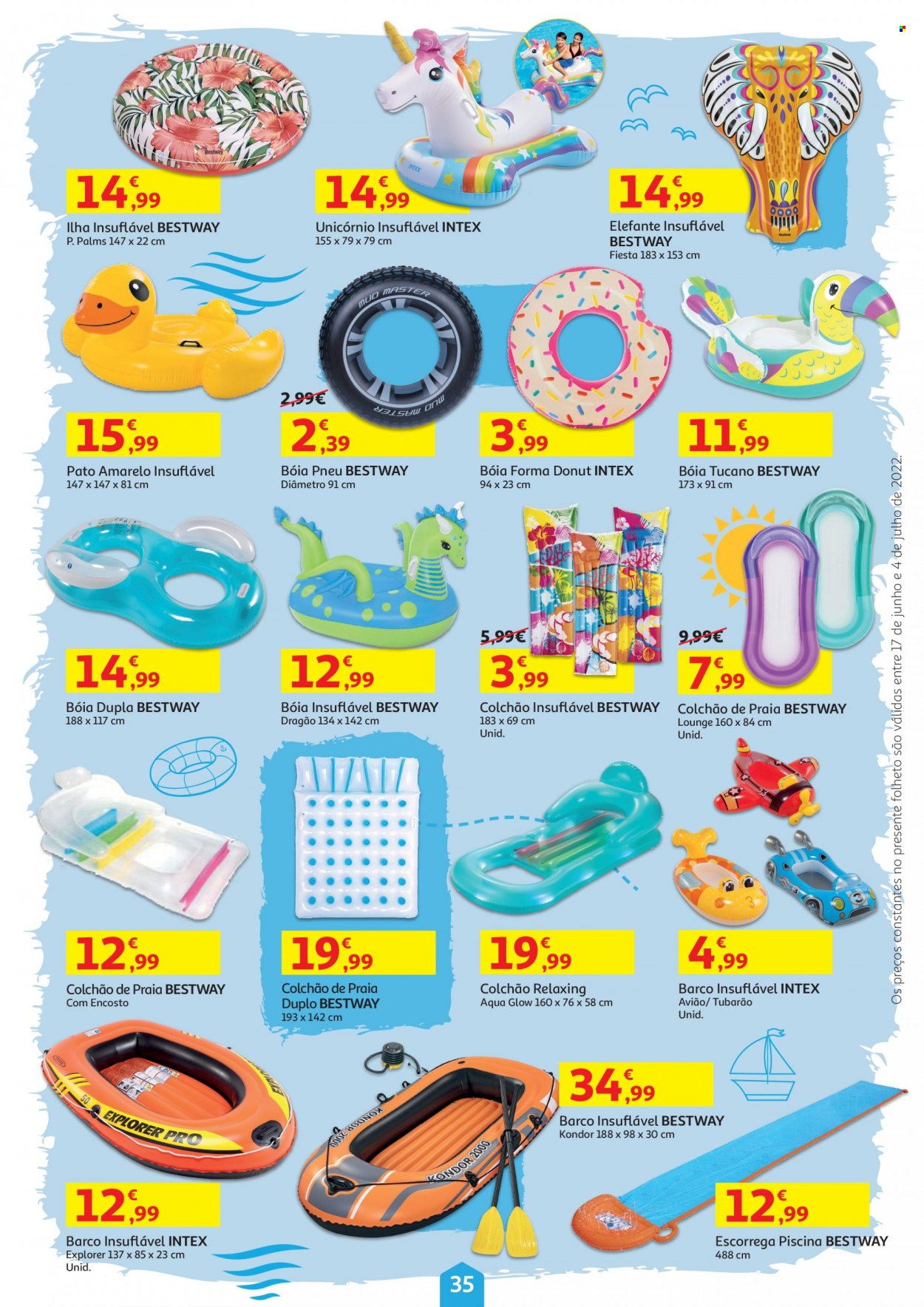 Folheto Auchan - 17.6.2022 - 4.7.2022 - Produtos em promoção - donuts, pato, colchão, colchão inflável, unicórnio, bestway, piscina. Página 35.