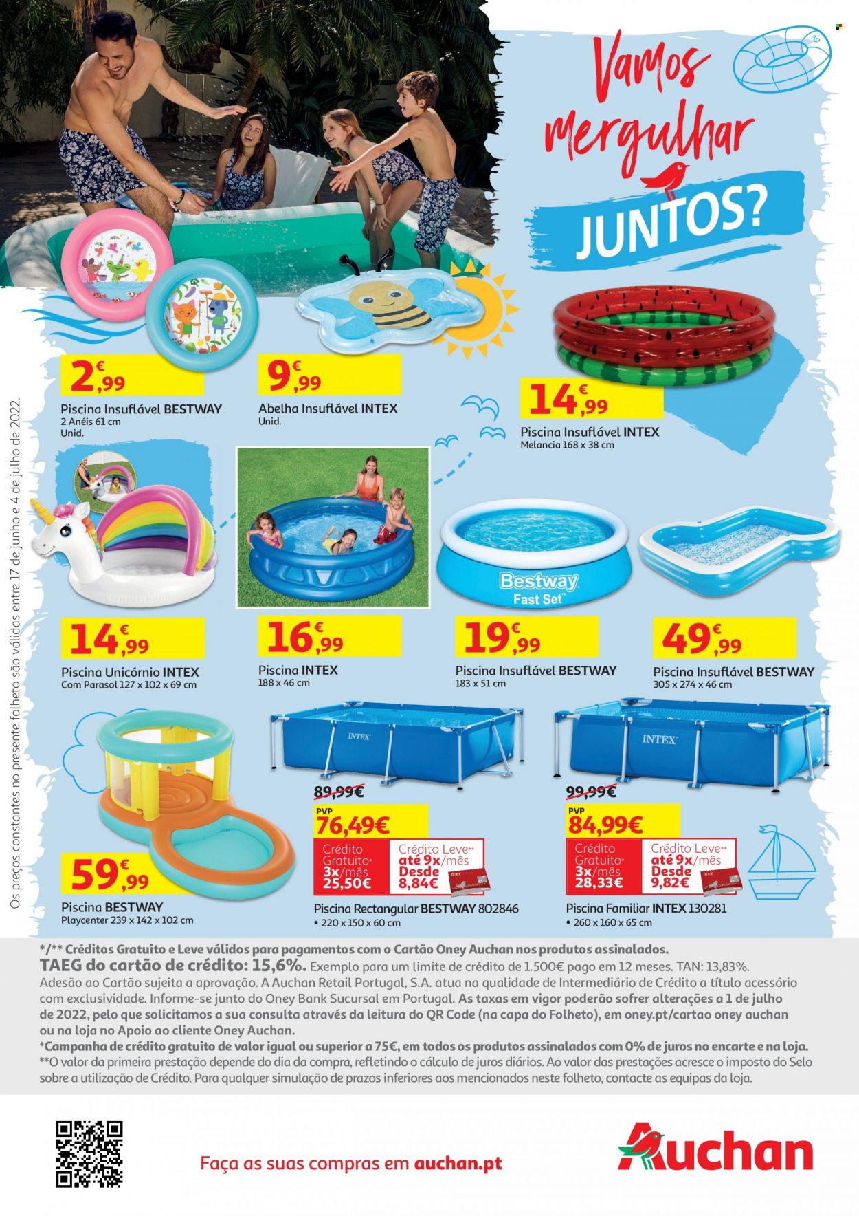 Folheto Auchan - 17.6.2022 - 4.7.2022 - Produtos em promoção - melancia, unicórnio, bestway, guarda sol, piscina. Página 36.