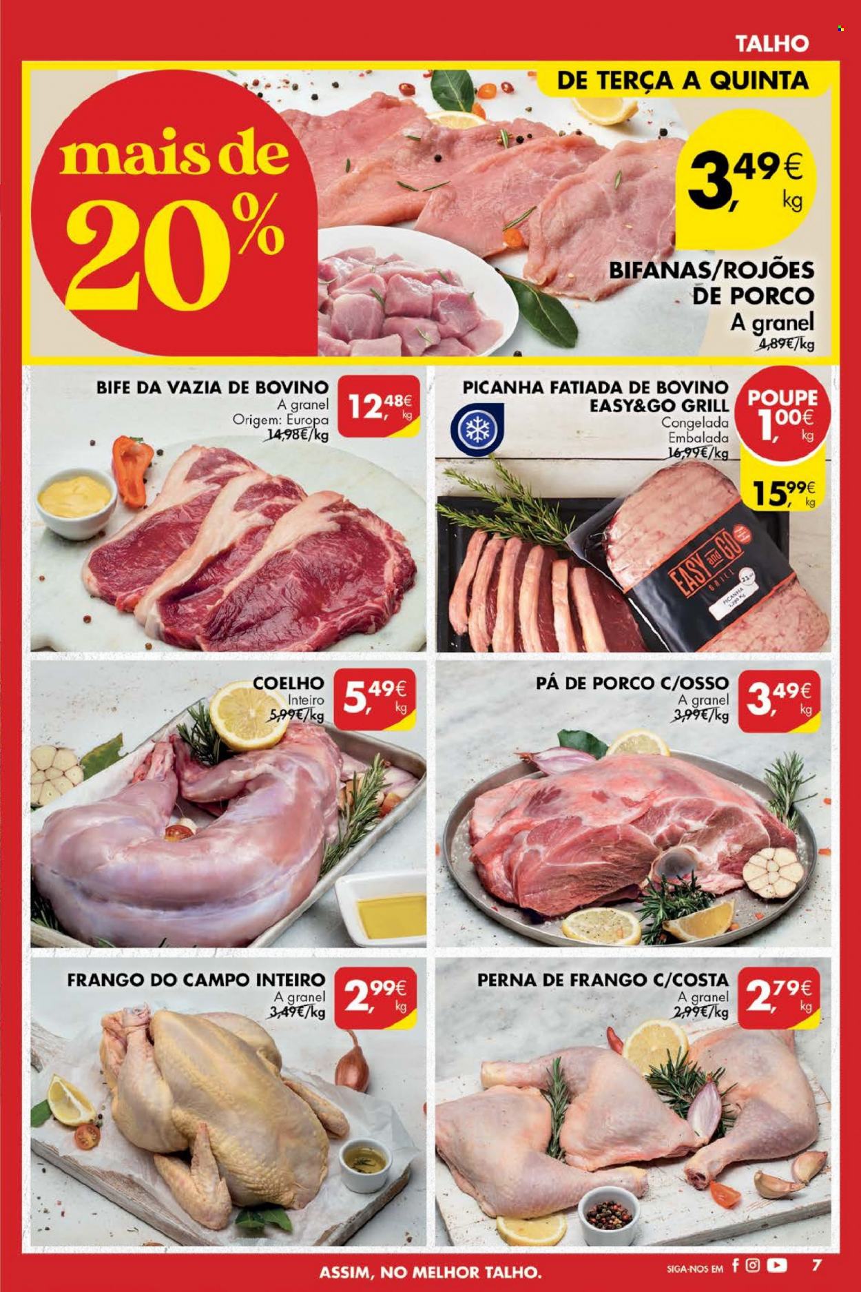 Folheto Pingo Doce - 2.8.2022 - 8.8.2022 - Produtos em promoção - picanha, bife, pá de porco, rojões de porco, bifanas, perna de frango, vazia de bovino, coelho, grelhador. Página 7.