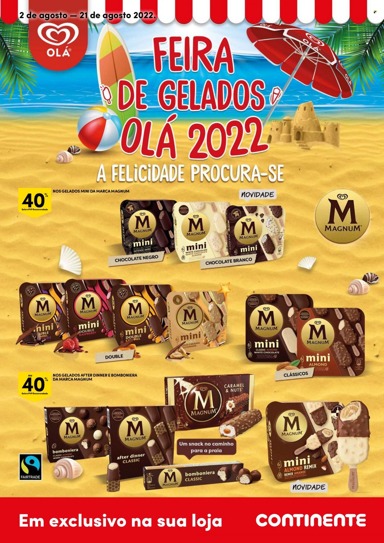 Folheto Continente - 2.8.2022 - 21.8.2022 - Produtos em promoção - Magnum, gelado, chocolate, chocolate branco, coco. Página 1.
