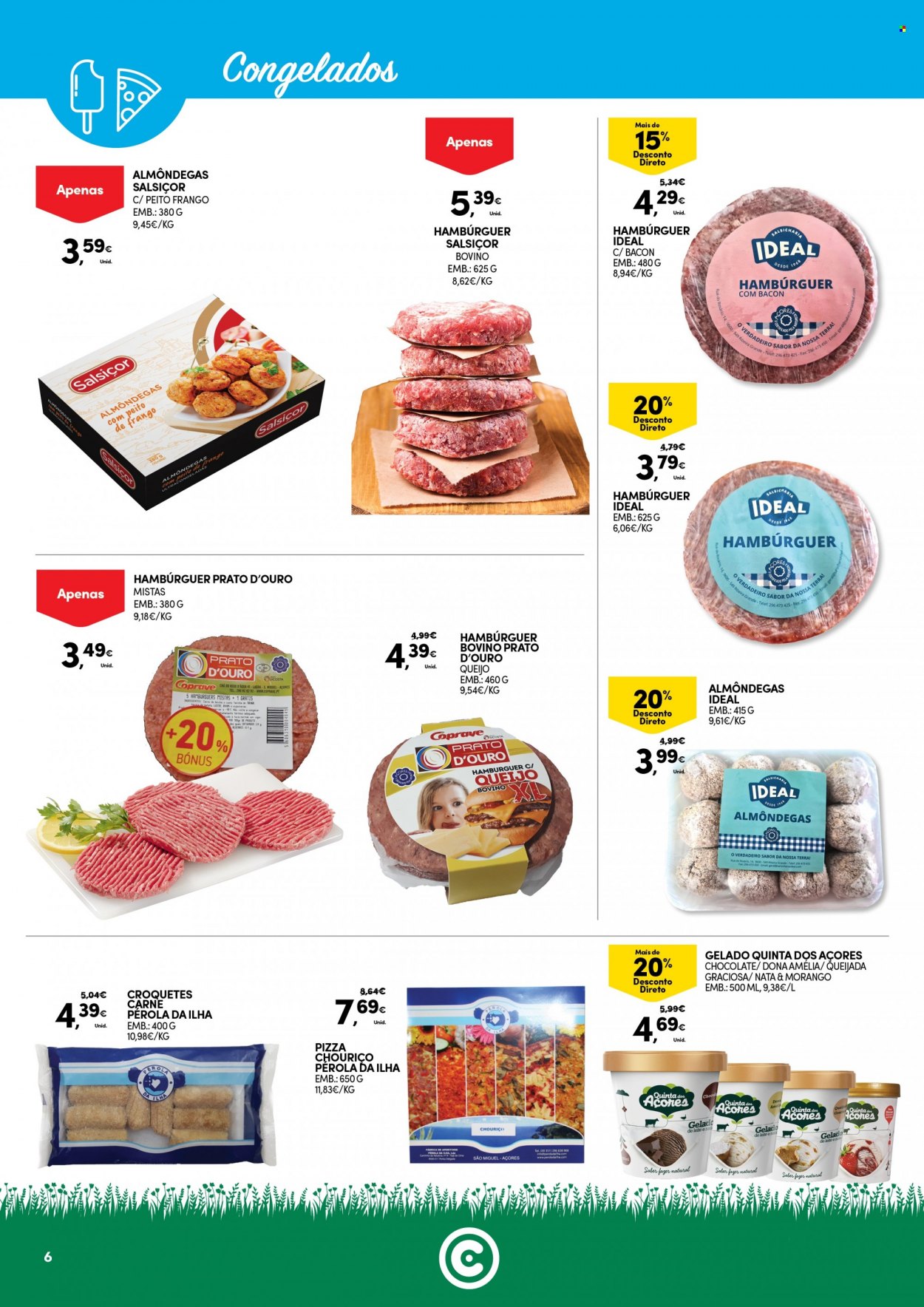 Folheto Continente Modelo - 2.8.2022 - 15.8.2022 - Produtos em promoção - carne, peito de frango, hamburger, almôndegas, pizza, gelado, sal, água, chá, croquetes. Página 6.