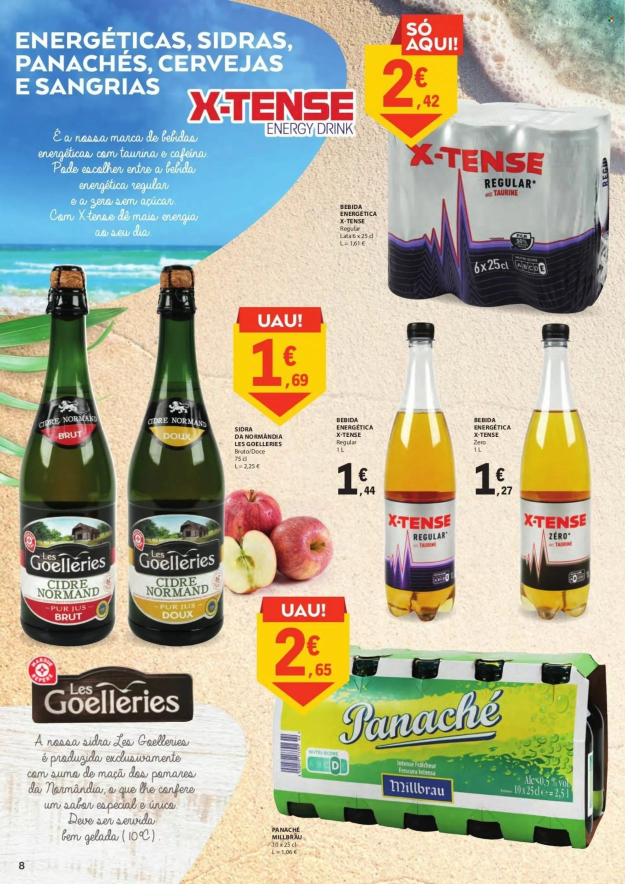 Folheto E.Leclerc - 1.8.2022 - 31.8.2022 - Produtos em promoção - cerveja, Panaché, bebida energética, sidra, Brut. Página 8.