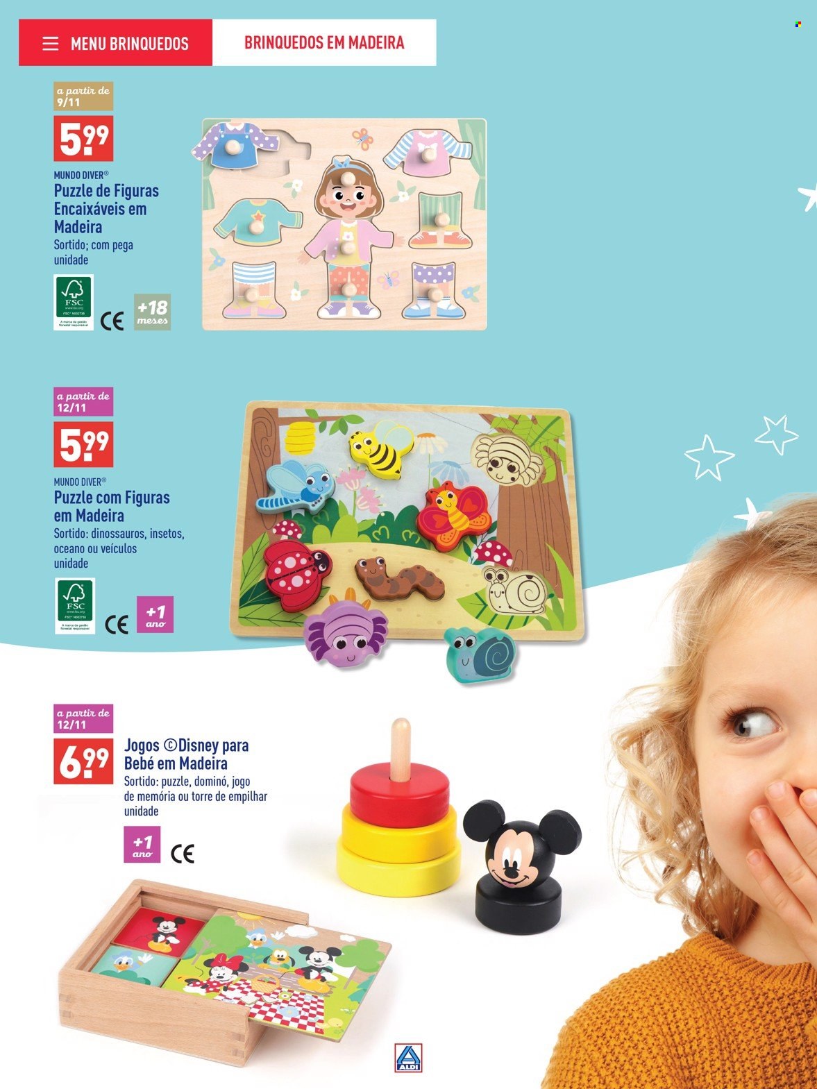 Folheto Aldi - 5.11.2022 - 17.12.2022 - Produtos em promoção - Disney, puzzle, brinquedo, veículo, torre de empilhar. Página 6.