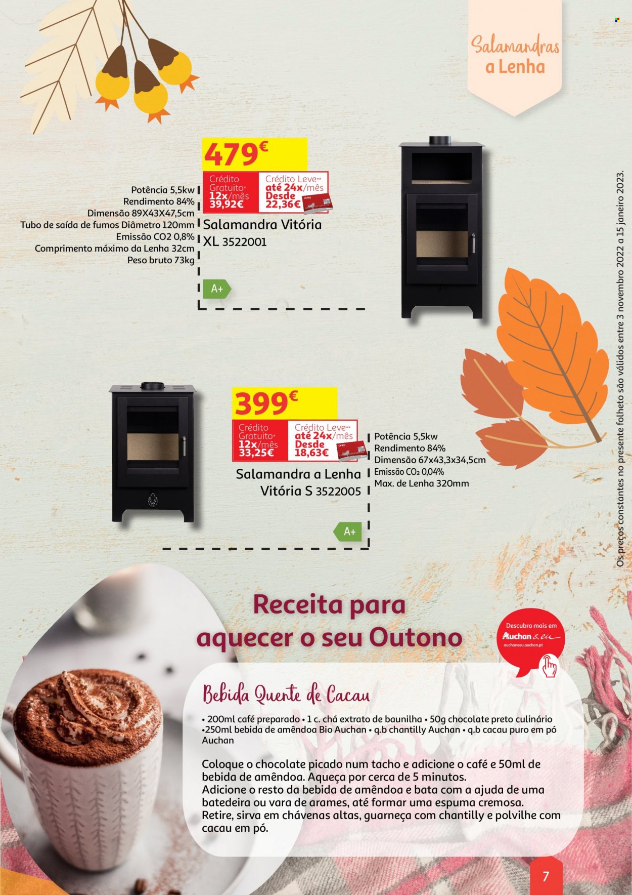 Folheto Auchan - 3.11.2022 - 15.1.2023 - Produtos em promoção - creme de chantilly, chocolate, bebida, achocolatado em pó, bebida de amêndoa, chá. Página 7.