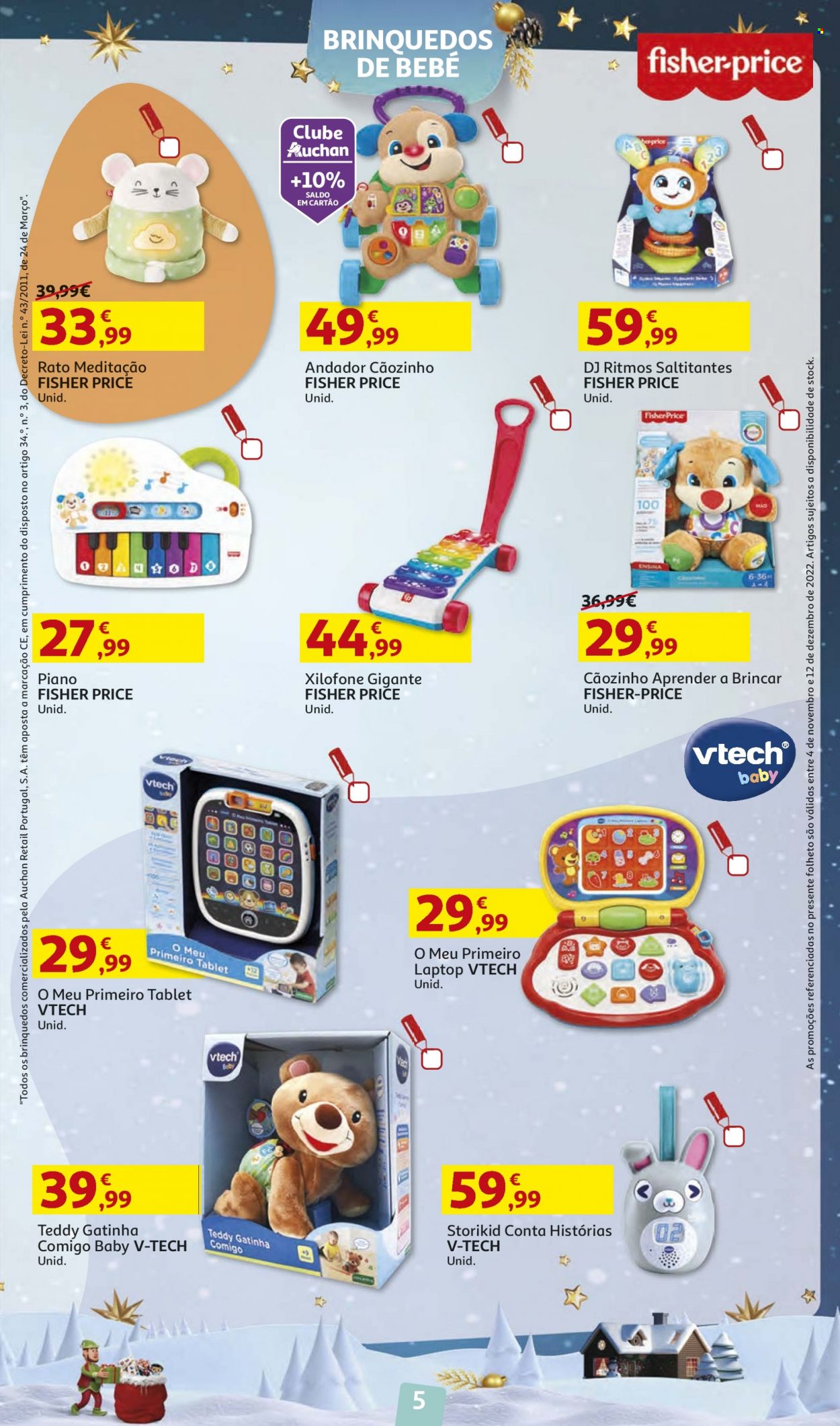 Folheto Auchan - 4.11.2022 - 12.12.2022 - Produtos em promoção - piano, PC portátil, tablet, mouse, andador. Página 5.