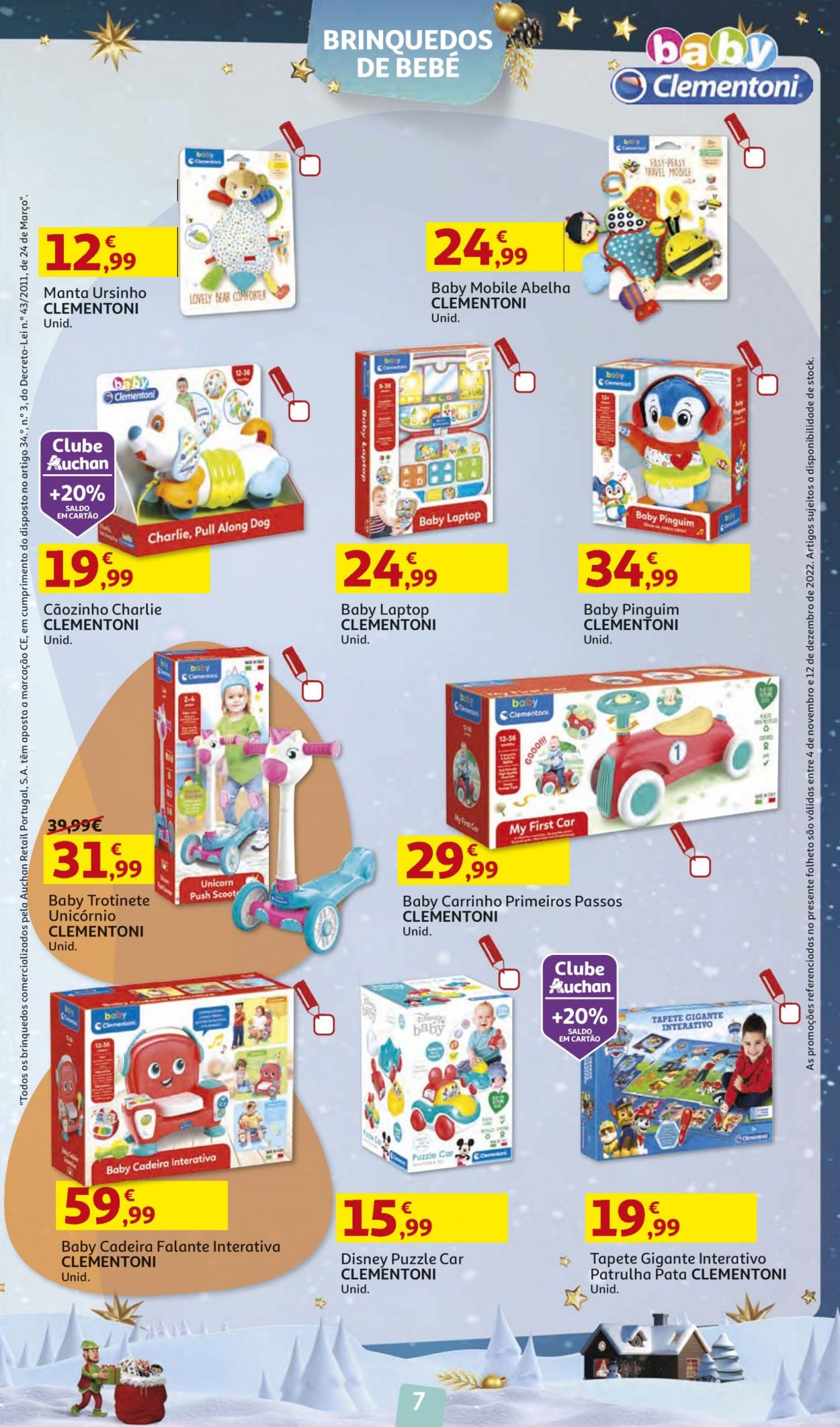 Folheto Auchan - 4.11.2022 - 12.12.2022 - Produtos em promoção - Disney, manta, tapete, PC portátil, cadeira, Unicórnio, trotinete, puzzle. Página 7.