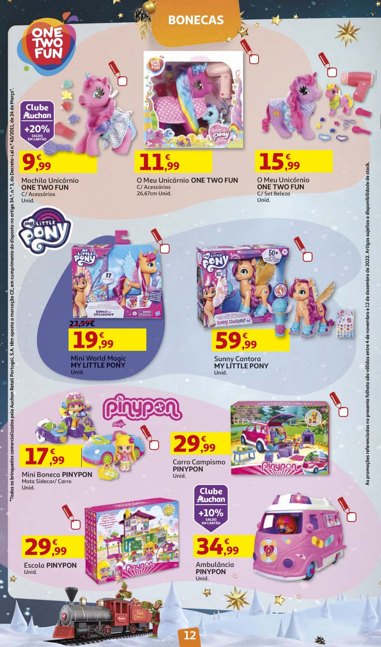 Folheto Auchan - 4.11.2022 - 12.12.2022 - Produtos em promoção - mochila, Unicórnio, boneca. Página 12.