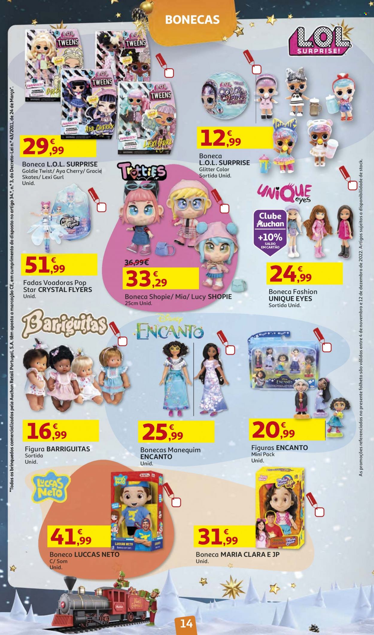 Folheto Auchan - 4.11.2022 - 12.12.2022 - Produtos em promoção - L.O.L. Surprise, figura, boneca. Página 14.