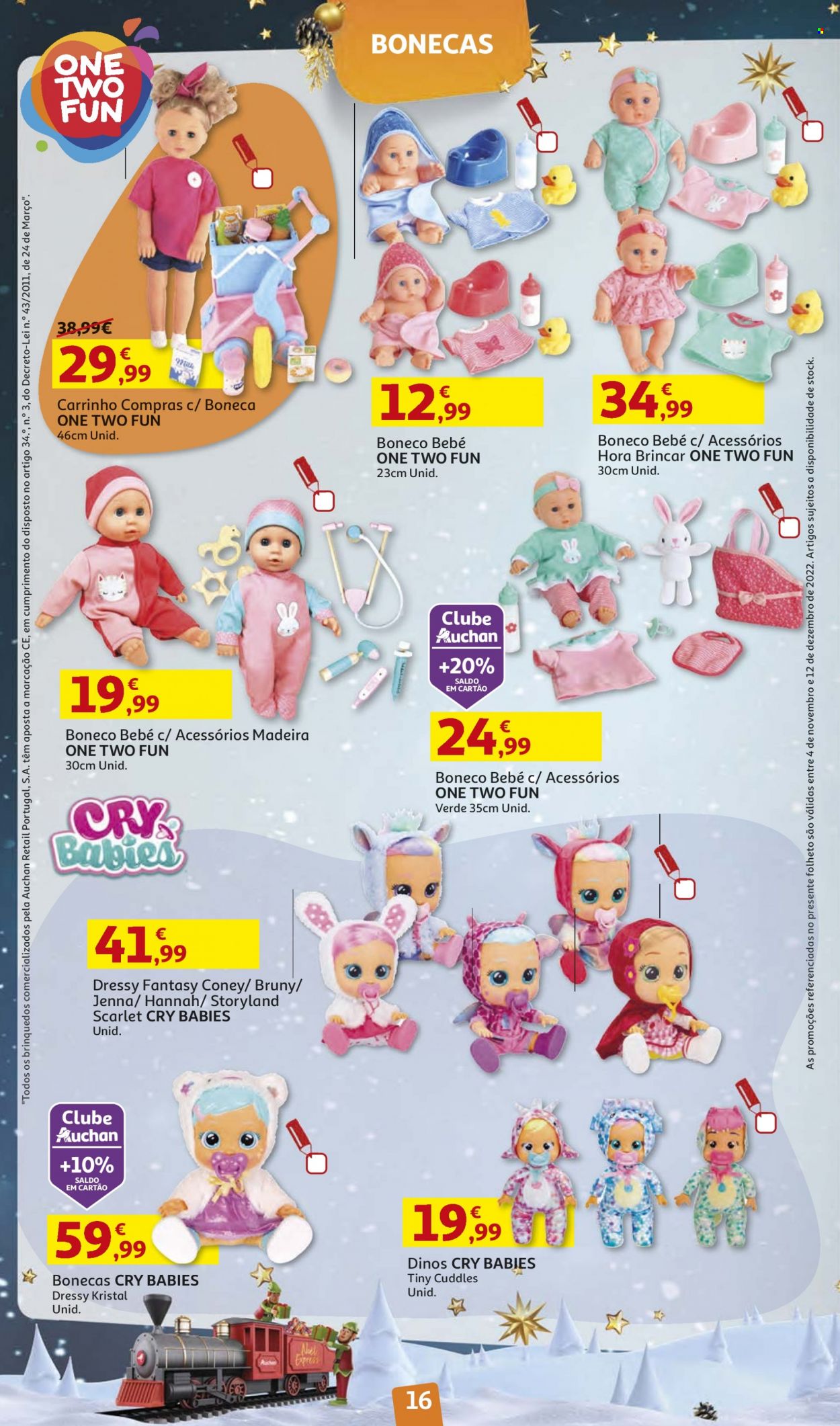 Folheto Auchan - 4.11.2022 - 12.12.2022 - Produtos em promoção - carrinho para compras, Cry Babies, boneca. Página 16.