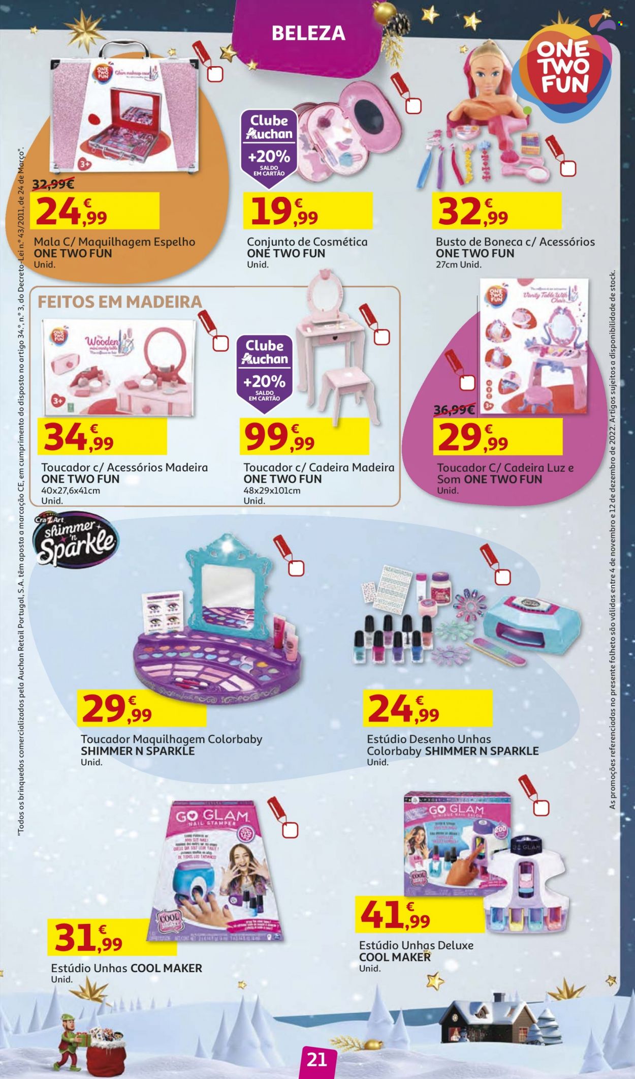 Folheto Auchan - 4.11.2022 - 12.12.2022 - Produtos em promoção - espelho, toucador, cadeira, boneca. Página 21.
