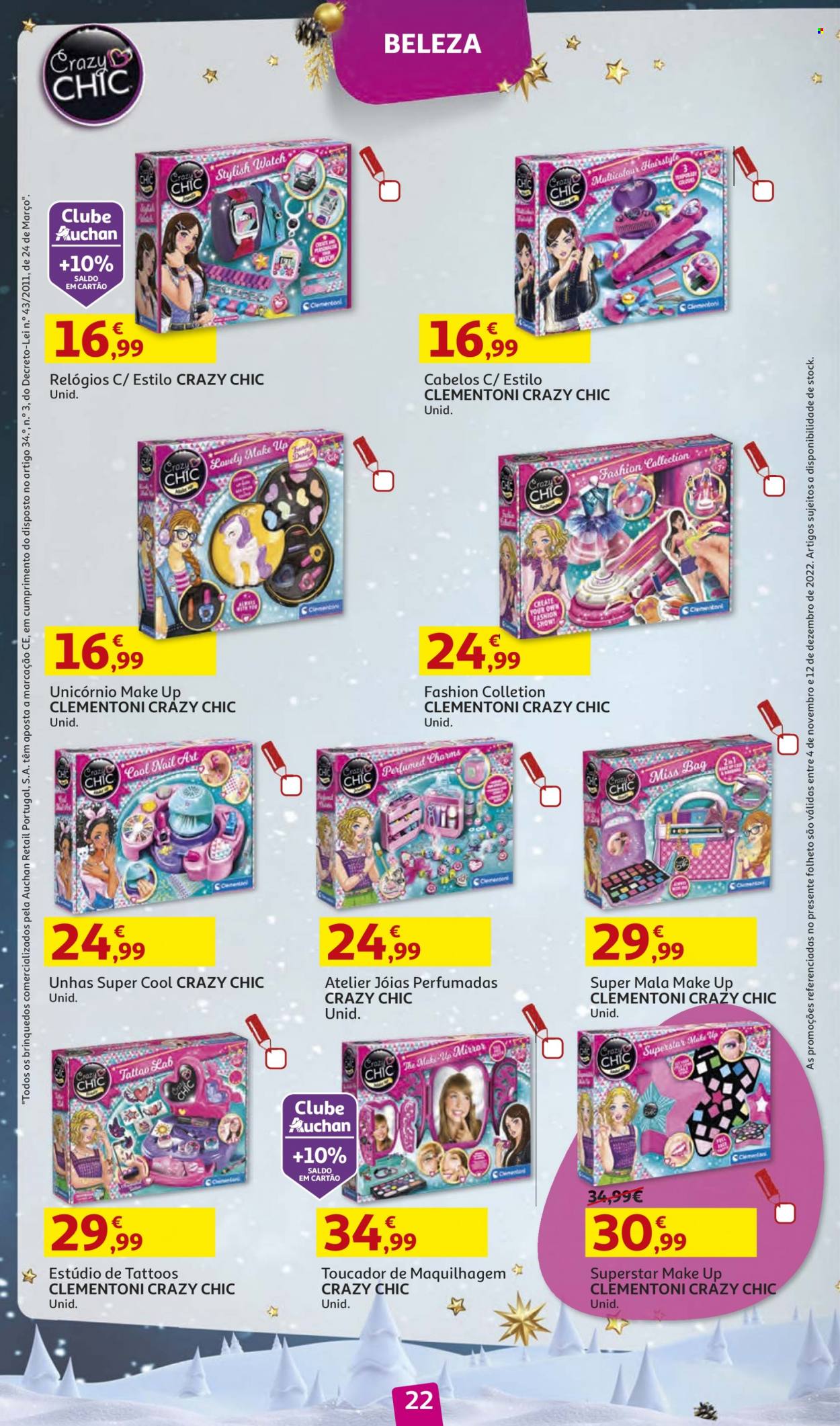 Folheto Auchan - 4.11.2022 - 12.12.2022 - Produtos em promoção - maquiagem, toucador, Unicórnio. Página 22.