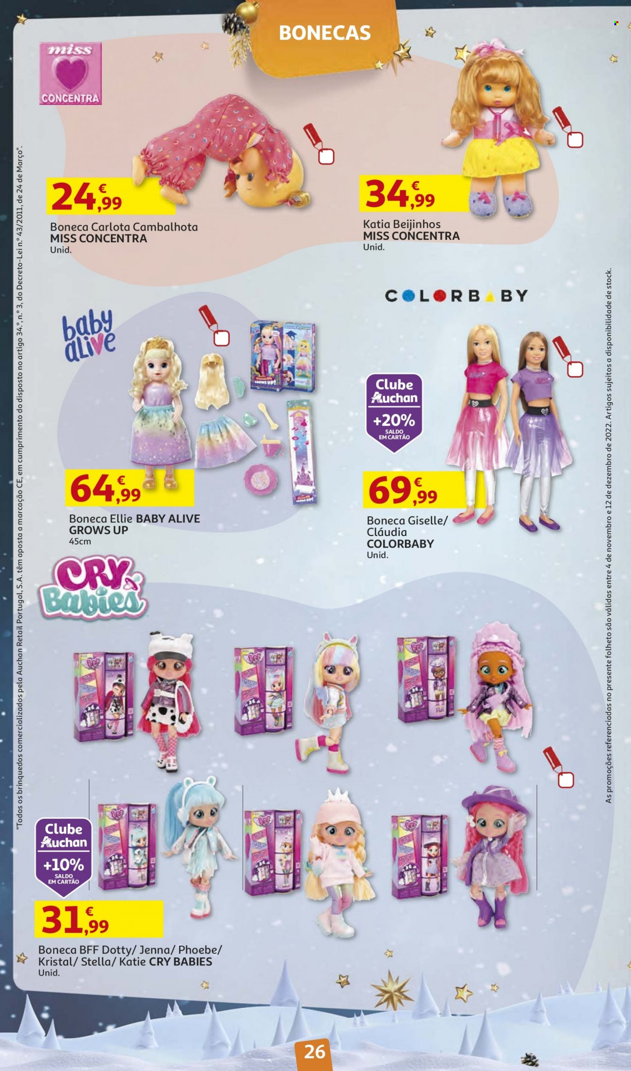 Folheto Auchan - 4.11.2022 - 12.12.2022 - Produtos em promoção - Cry Babies, Baby Alive, boneca. Página 26.