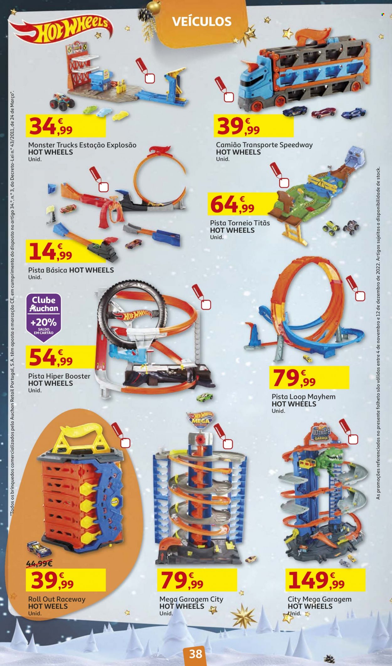 Folheto Auchan - 4.11.2022 - 12.12.2022 - Produtos em promoção - Hot Wheels, veículo, garagem. Página 38.