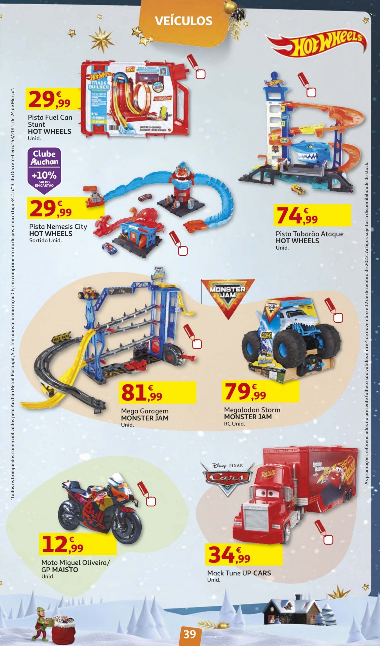 Folheto Auchan - 4.11.2022 - 12.12.2022 - Produtos em promoção - Hot Wheels, Disney, Cars, veículo, garagem. Página 39.