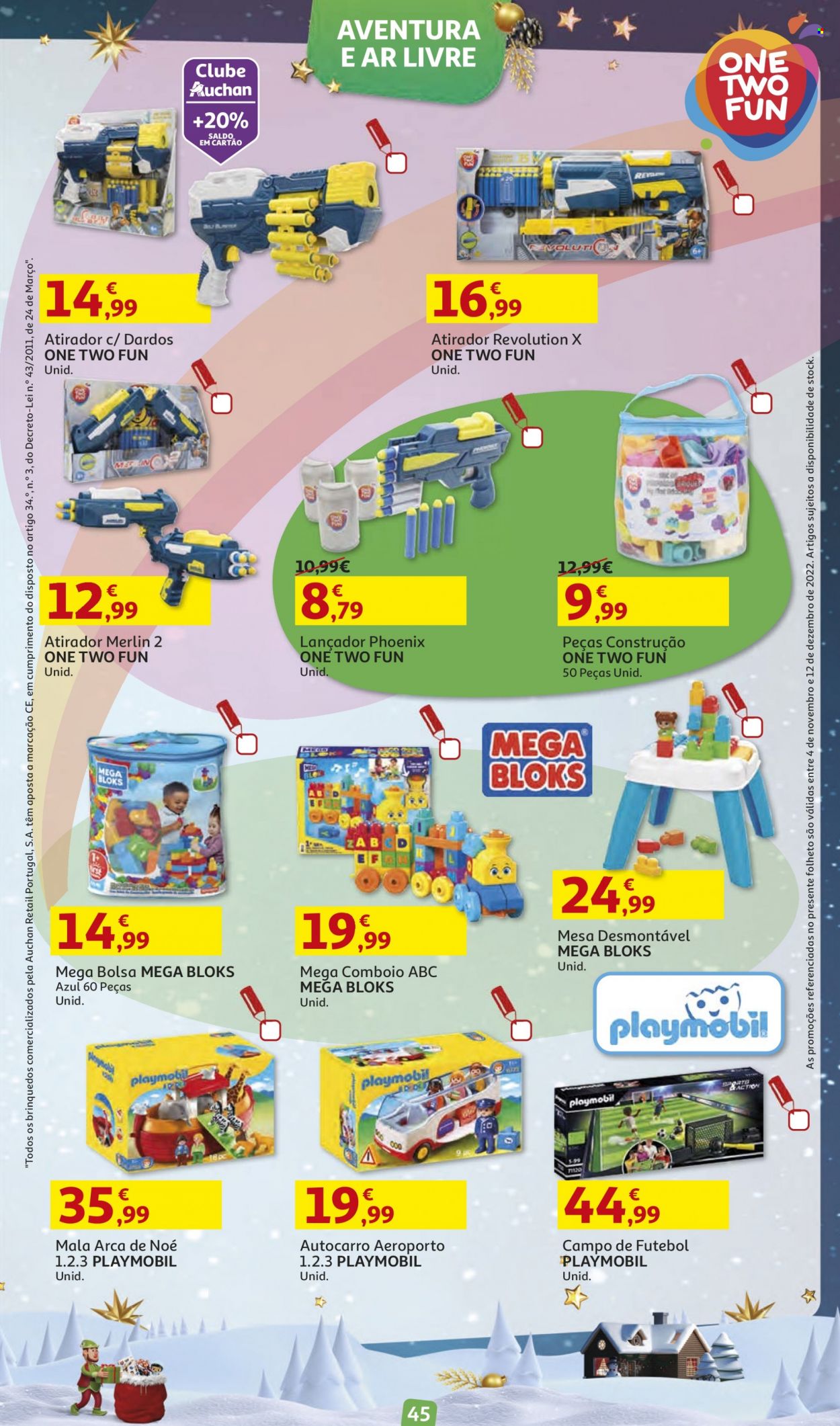 Folheto Auchan - 4.11.2022 - 12.12.2022 - Produtos em promoção - bolsa, refrigerador, frigorífico, mesa, Mega Bloks, jogo de dardo. Página 45.