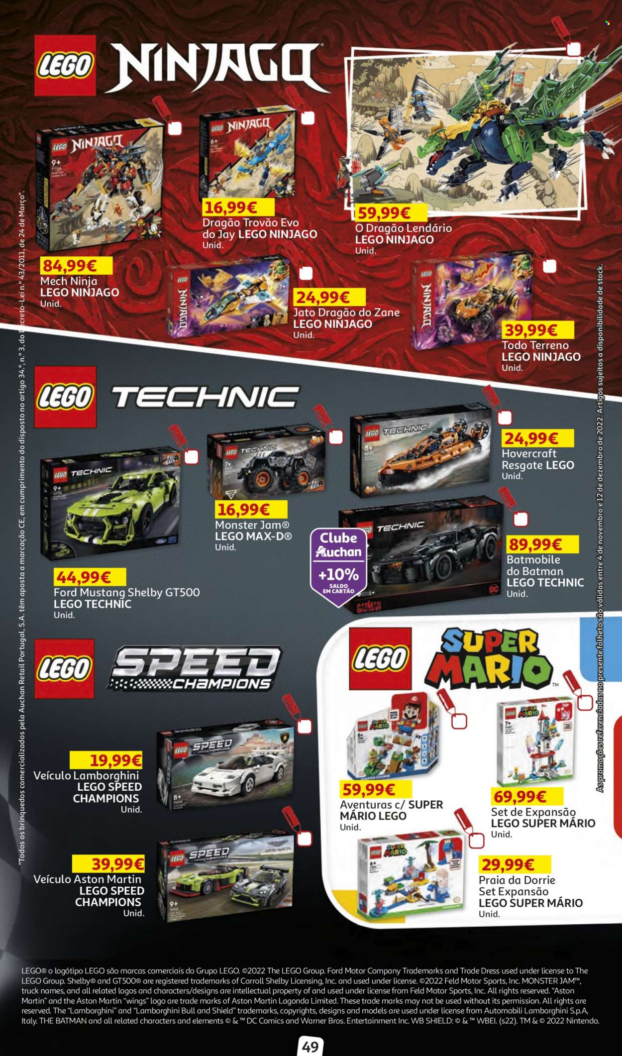 Folheto Auchan - 4.11.2022 - 12.12.2022 - Produtos em promoção - LEGO, LEGO Ninjago, Ford Mustang, veículo. Página 49.