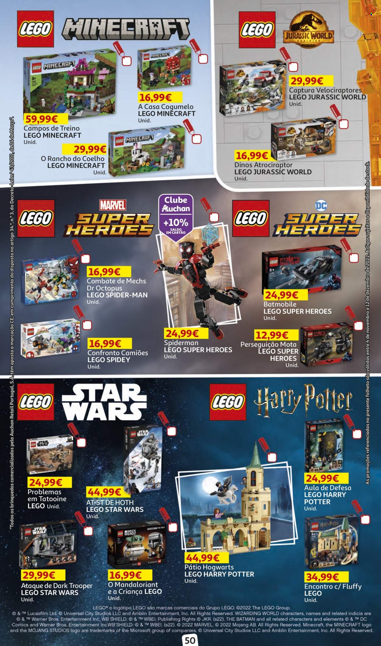 Folheto Auchan - 4.11.2022 - 12.12.2022 - Produtos em promoção - cogumelo, coelho, Spiderman, LEGO, Super Heroes, LEGO Harry Potter, LEGO Jurassic World, LEGO Minecraft, LEGO Star Wars. Página 50.