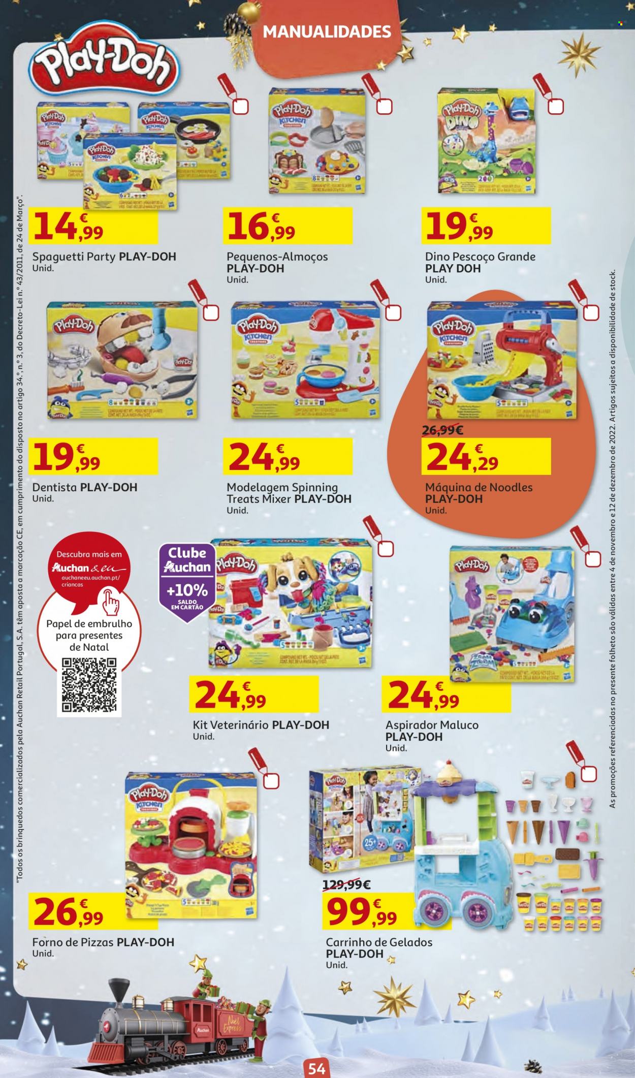 Folheto Auchan - 4.11.2022 - 12.12.2022 - Produtos em promoção - pizza, gelado, forno, aspirador, Play-Doh. Página 54.