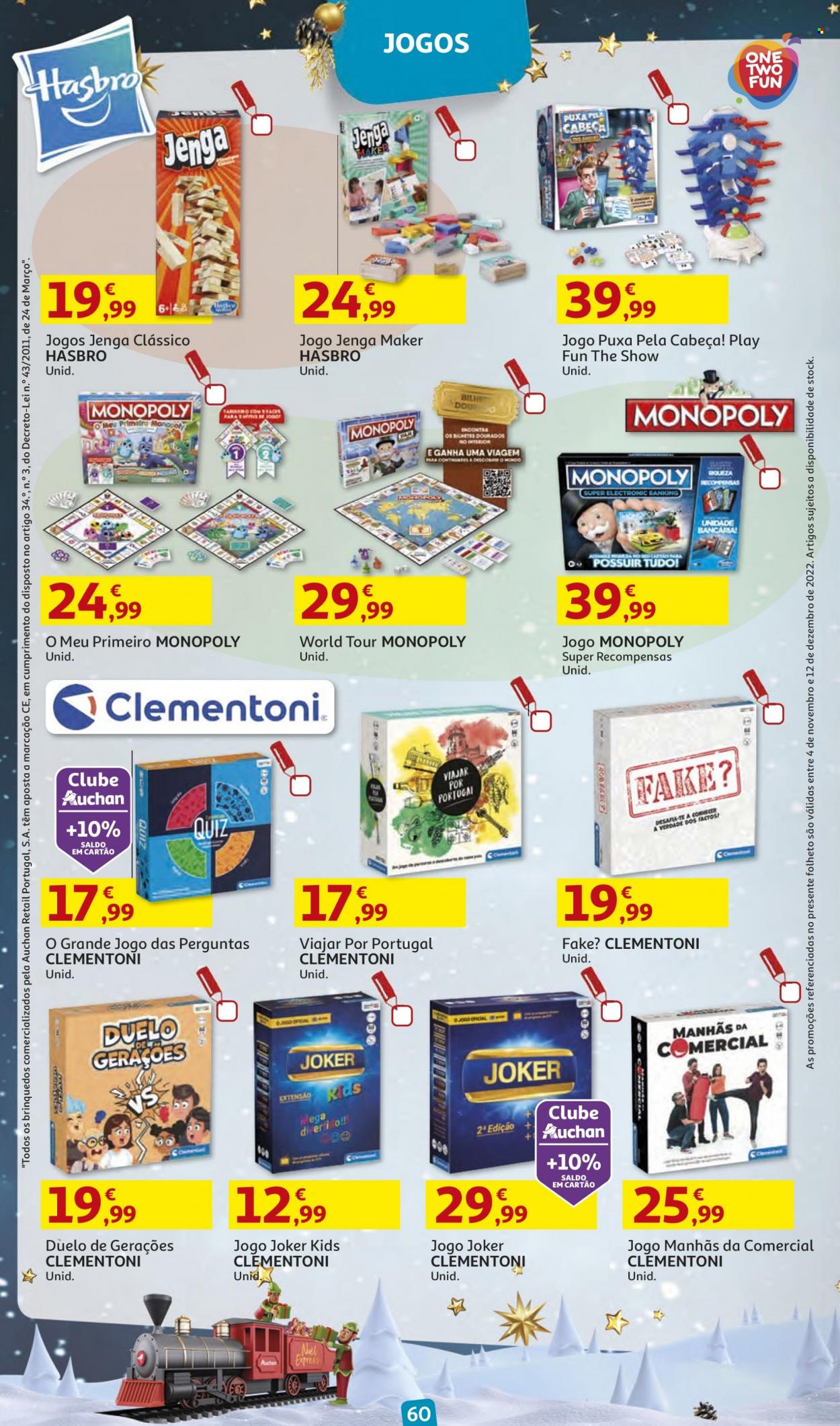 Folheto Auchan - 4.11.2022 - 12.12.2022 - Produtos em promoção - Hasbro, Monopoly. Página 60.