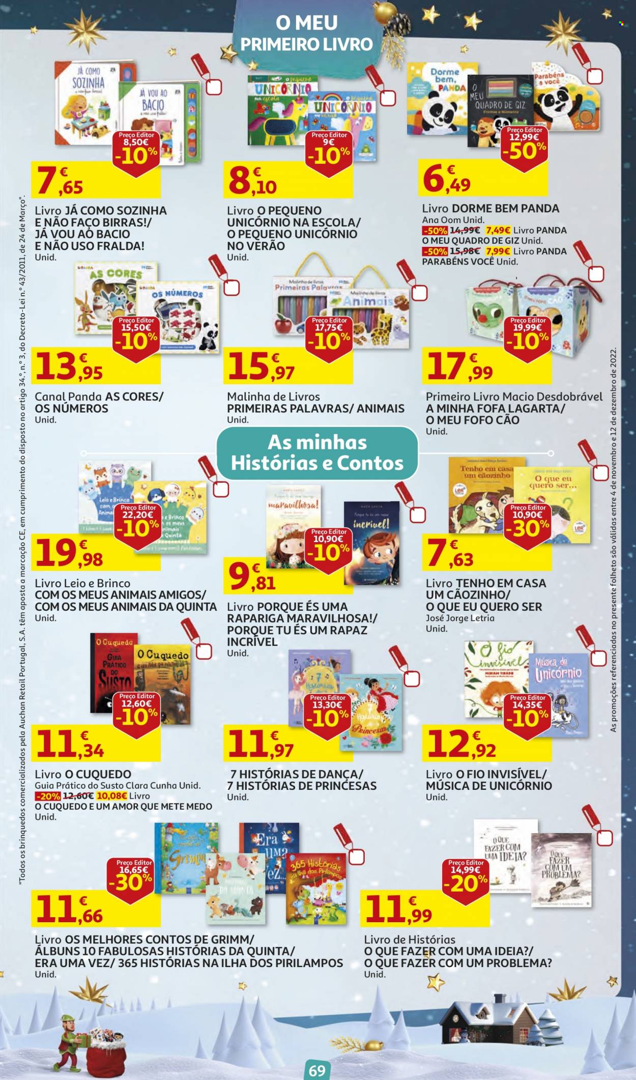 Folheto Auchan - 4.11.2022 - 12.12.2022 - Produtos em promoção - fraldas, livro, quadro, Unicórnio, brinco. Página 69.