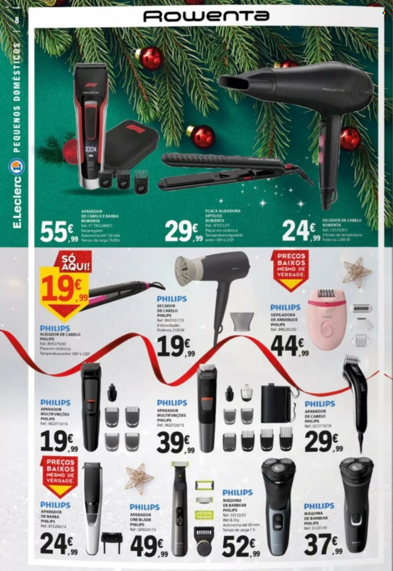 Folheto E.Leclerc - 15.11.2022 - 18.12.2022 - Produtos em promoção - aparelho de barbear, depiladora, cortador de cabelo, secador de cabelos. Página 8.