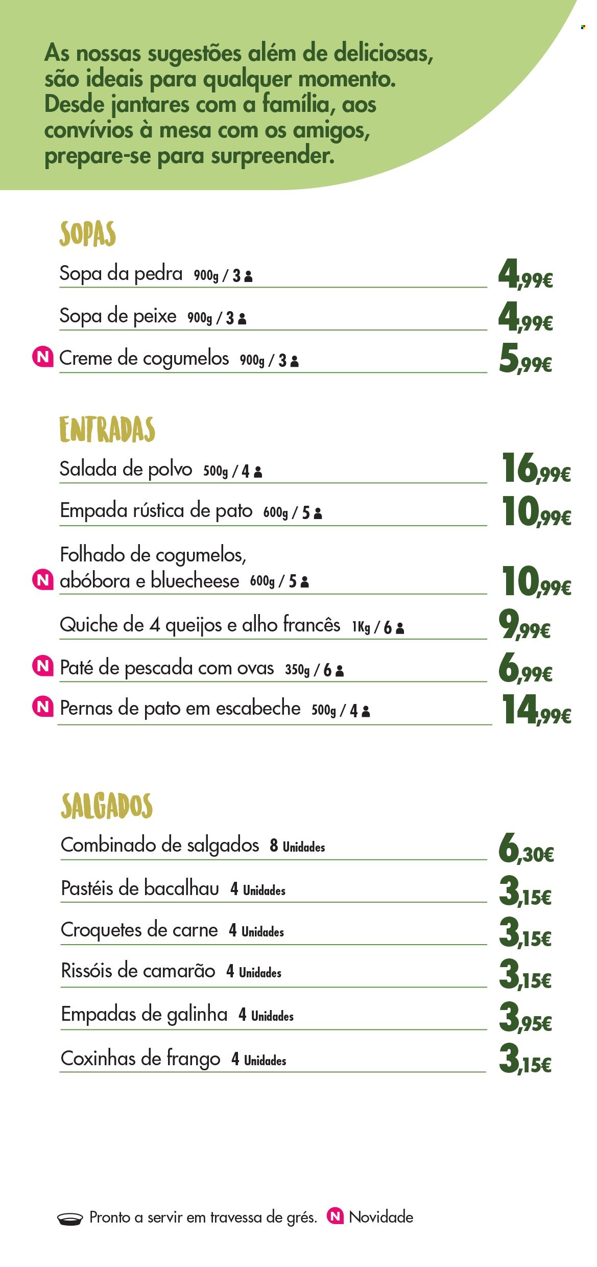 Folheto Pingo Doce - Produtos em promoção - salada, alho-poró, quiche, bacalhau, polvo, sopa, rissois, croquetes, paté. Página 2.