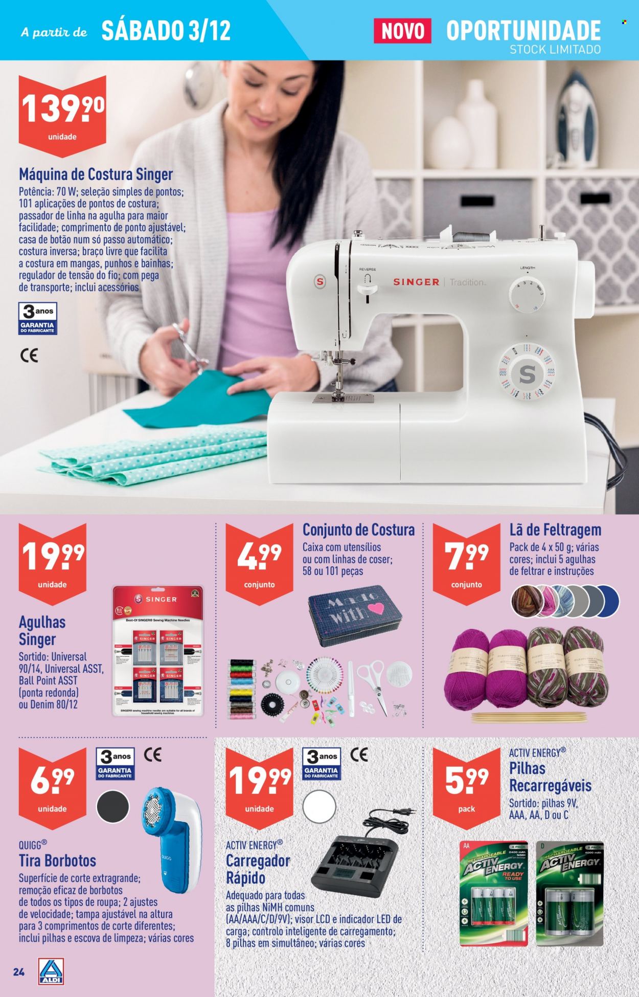 Folheto Aldi - 30.11.2022 - 6.12.2022 - Produtos em promoção - escova, pilhas recarregáveis, máquina de costura. Página 24.