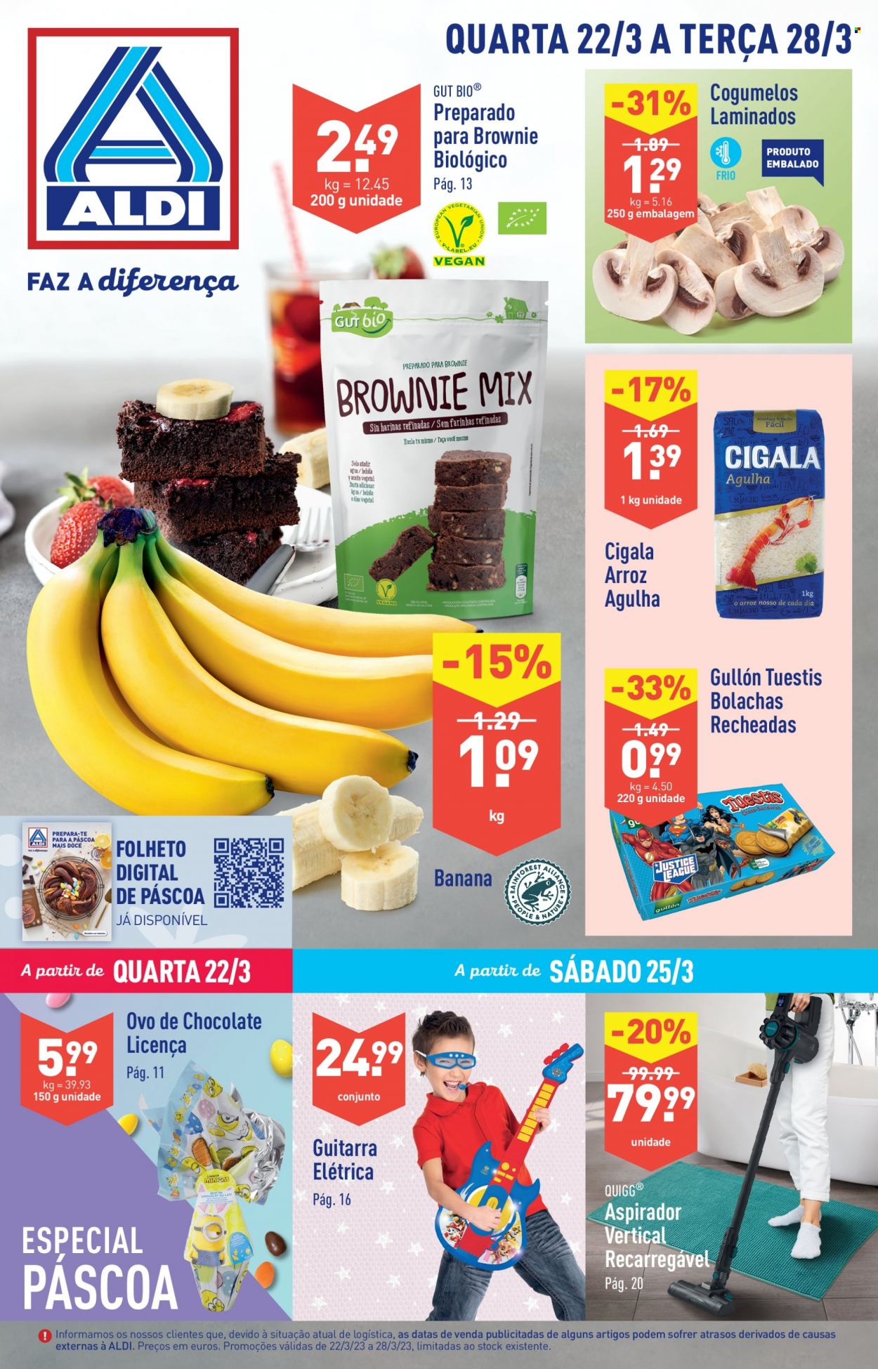 Folheto Aldi - 22.3.2023 - 28.3.2023 - Produtos em promoção - banana, cogumelo, bolachas, arroz, guitarra, aspirador, aspirador vertical. Página 1.