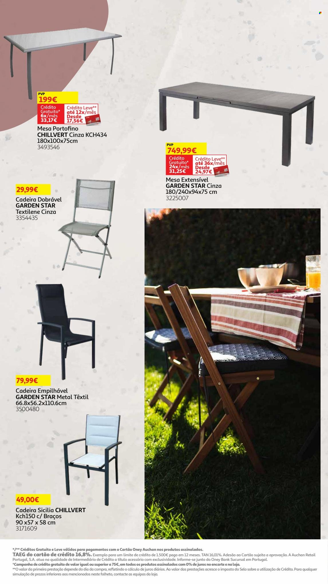 Folheto Auchan - 8.5.2023 - 30.7.2023 - Produtos em promoção - mesa, cadeira, cadeira dobrável. Página 15.