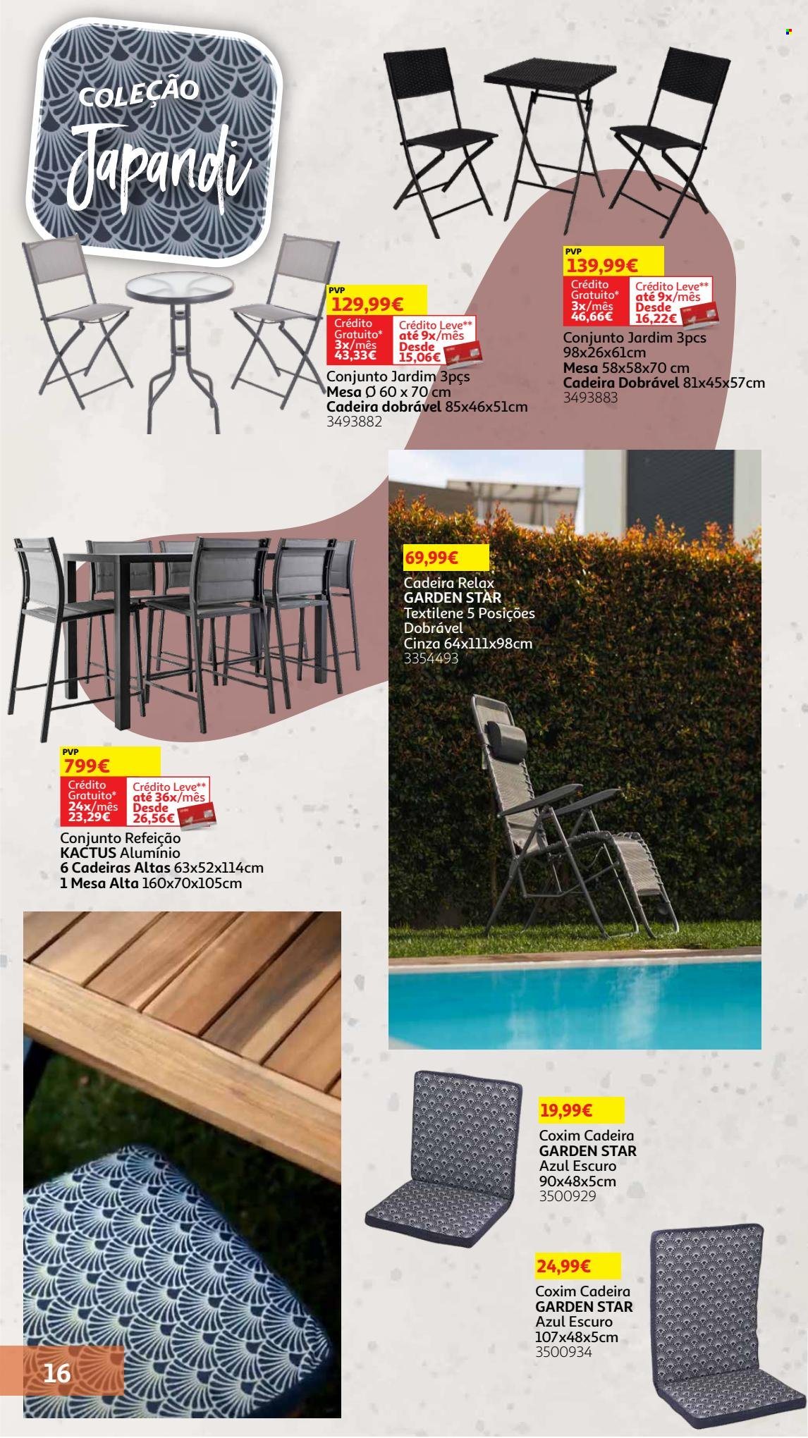 Folheto Auchan - 8.5.2023 - 30.7.2023 - Produtos em promoção - coxim, mesa, cadeira, cadeira dobrável. Página 16.