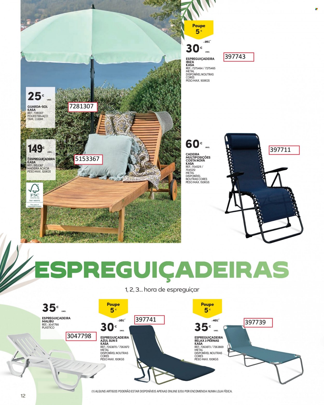 Folheto Continente - 16.5.2023 - 25.6.2023 - Produtos em promoção - Malibu, cadeira, espreguiçadeira, guarda sol. Página 12.