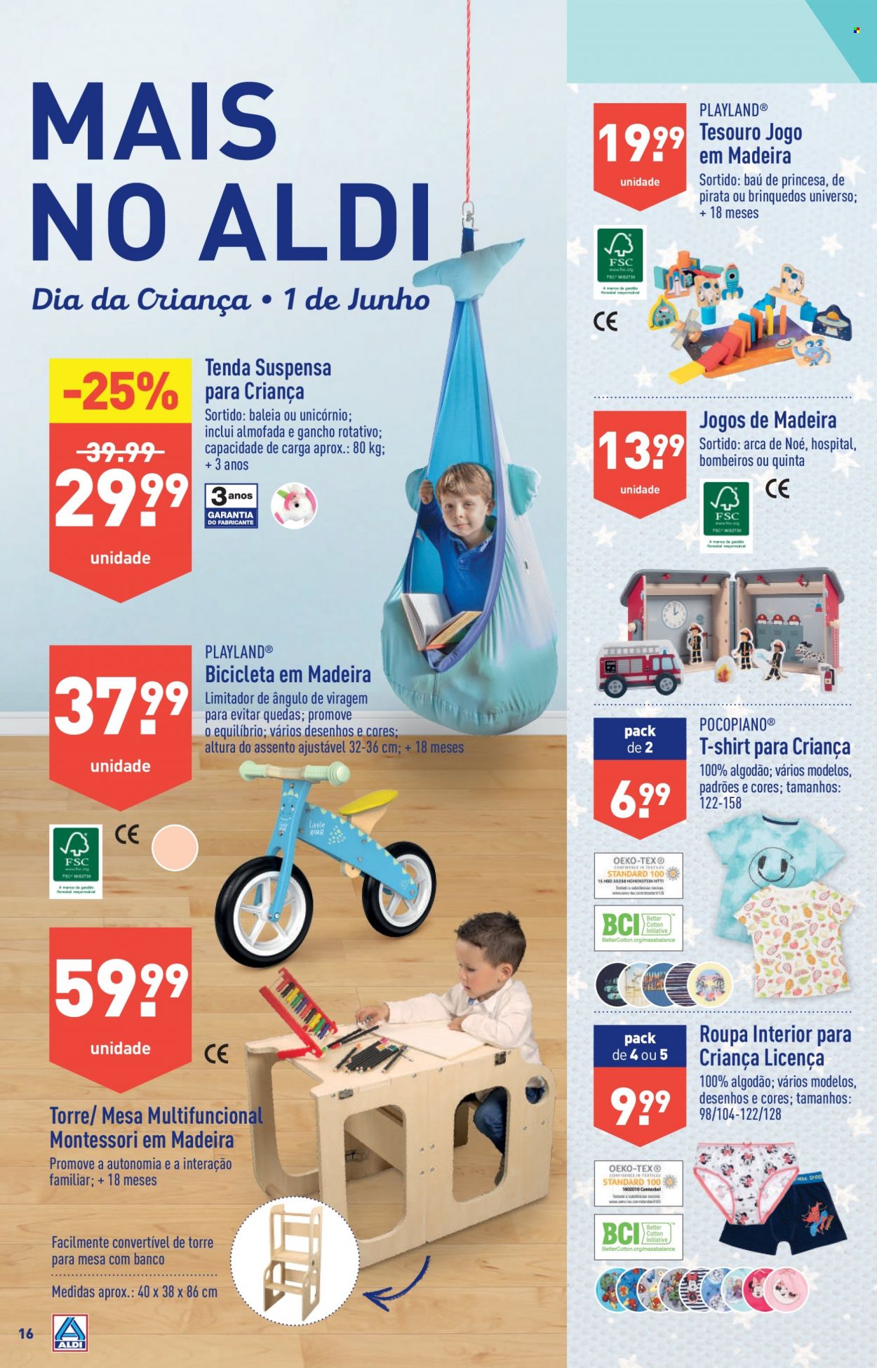 Folheto Aldi - 31.5.2023 - 6.6.2023 - Produtos em promoção - refrigerador, frigorífico, Unicórnio, t-shirt, bicicleta, brinquedo. Página 16.