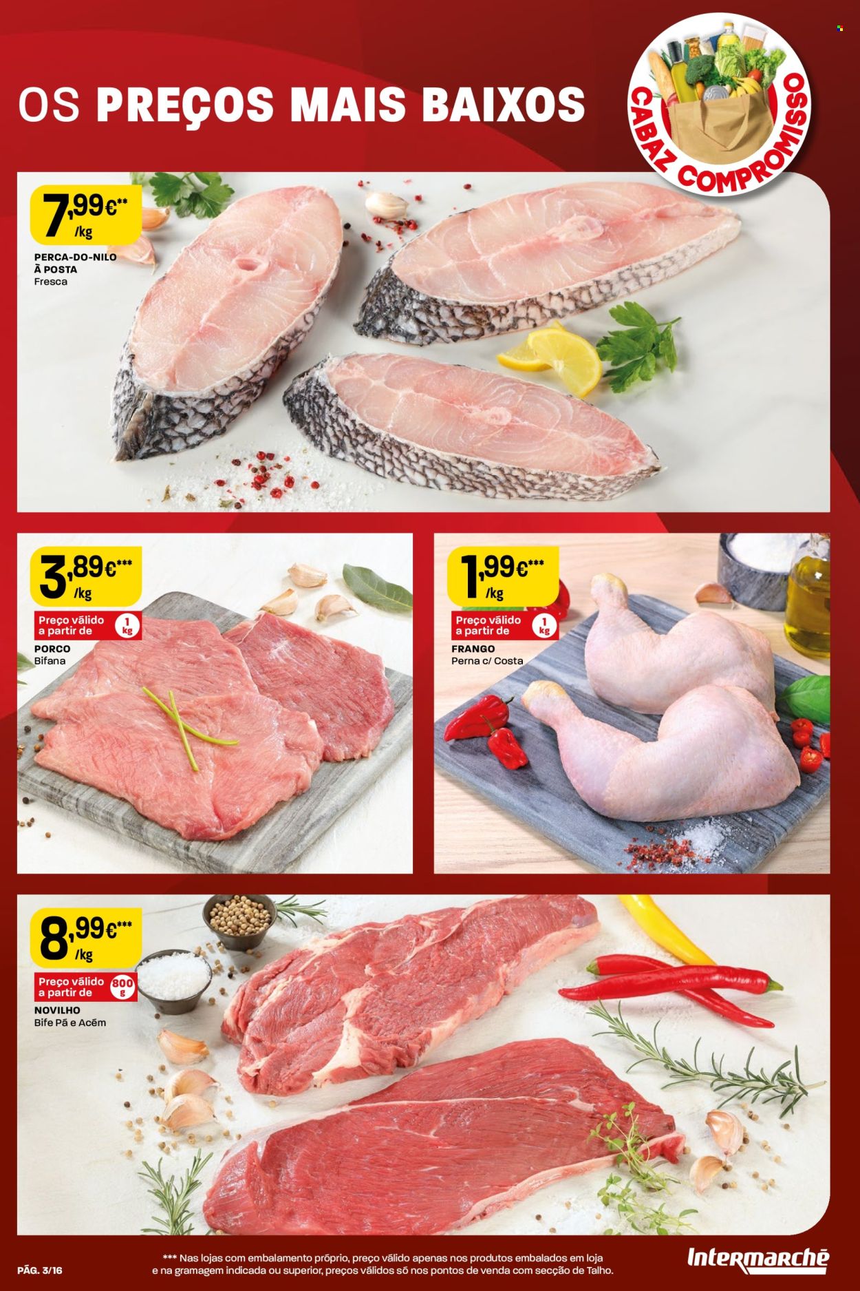 thumbnail - Folheto Intermarché - 28.3.2024 - 1.5.2024 - Produtos em promoção - bife, perna de frango, carne de novilho, peixe, perca. Página 3.