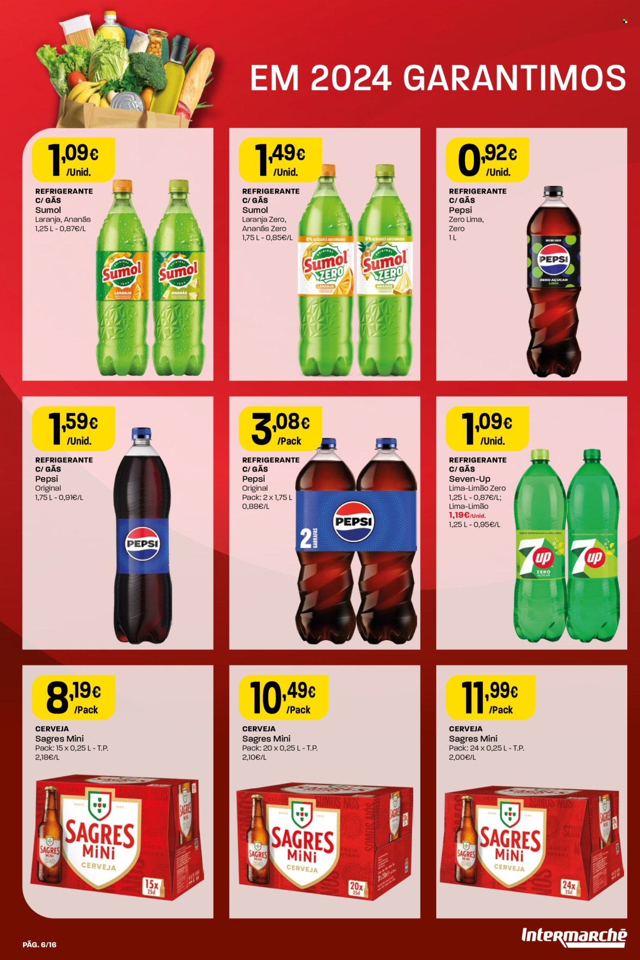 thumbnail - Folheto Intermarché - 28.3.2024 - 1.5.2024 - Produtos em promoção - Sagres, cerveja, bebida alcoólica, abacaxi, lima, Pepsi, refrigerante, Sumol. Página 6.