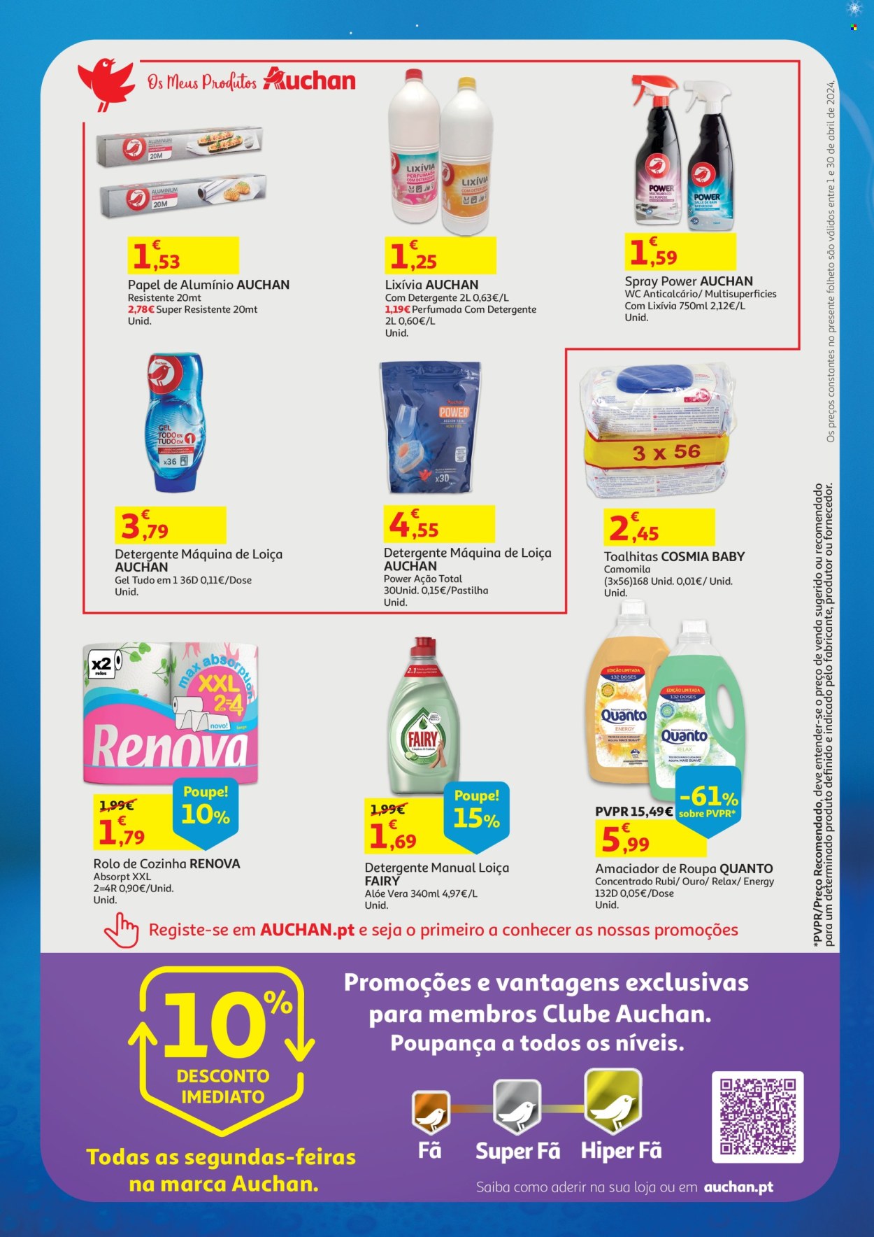 thumbnail - Folheto Auchan - 1.4.2024 - 30.4.2024 - Produtos em promoção - toalha umedecida, rolo de cozinha, detergente, amaciador, Fairy, papel de alumínio, lava louças. Página 8.