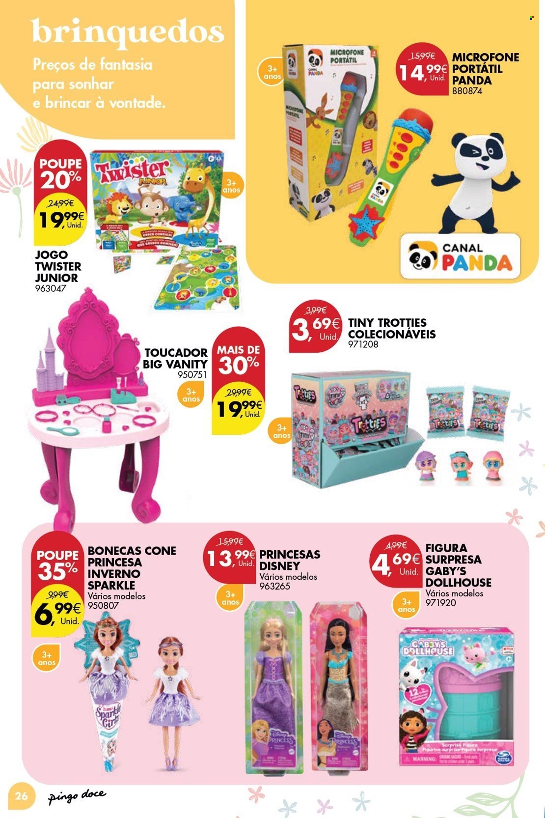 thumbnail - Folheto Pingo Doce - 2.4.2024 - 6.5.2024 - Produtos em promoção - Twister, Disney, microfone, toucador, figura, boneca, brinquedo. Página 26.
