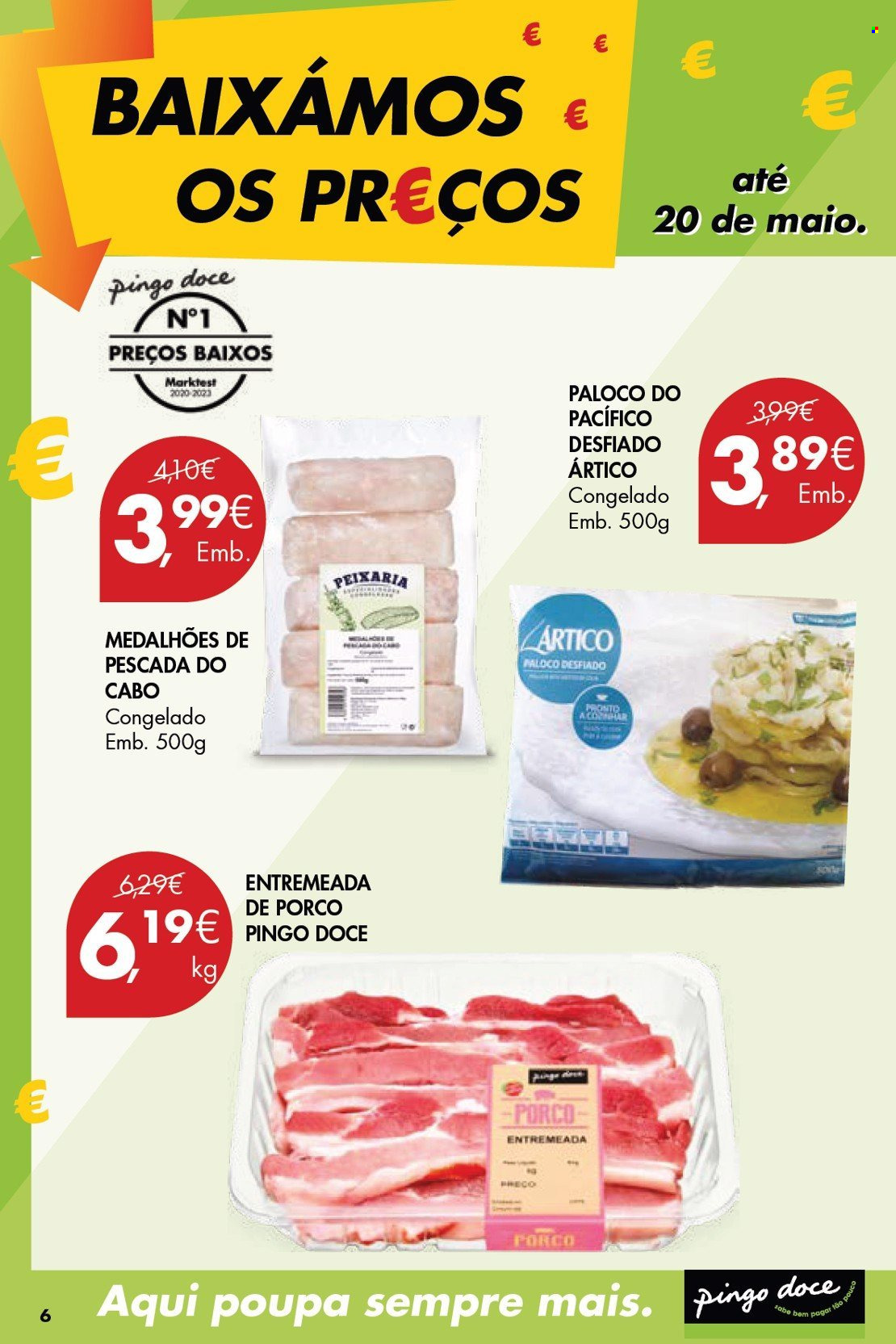 thumbnail - Folheto Pingo Doce - 9.4.2024 - 20.5.2024 - Produtos em promoção - peixe, filetes de peixe, paloco, entremeada de porco. Página 6.