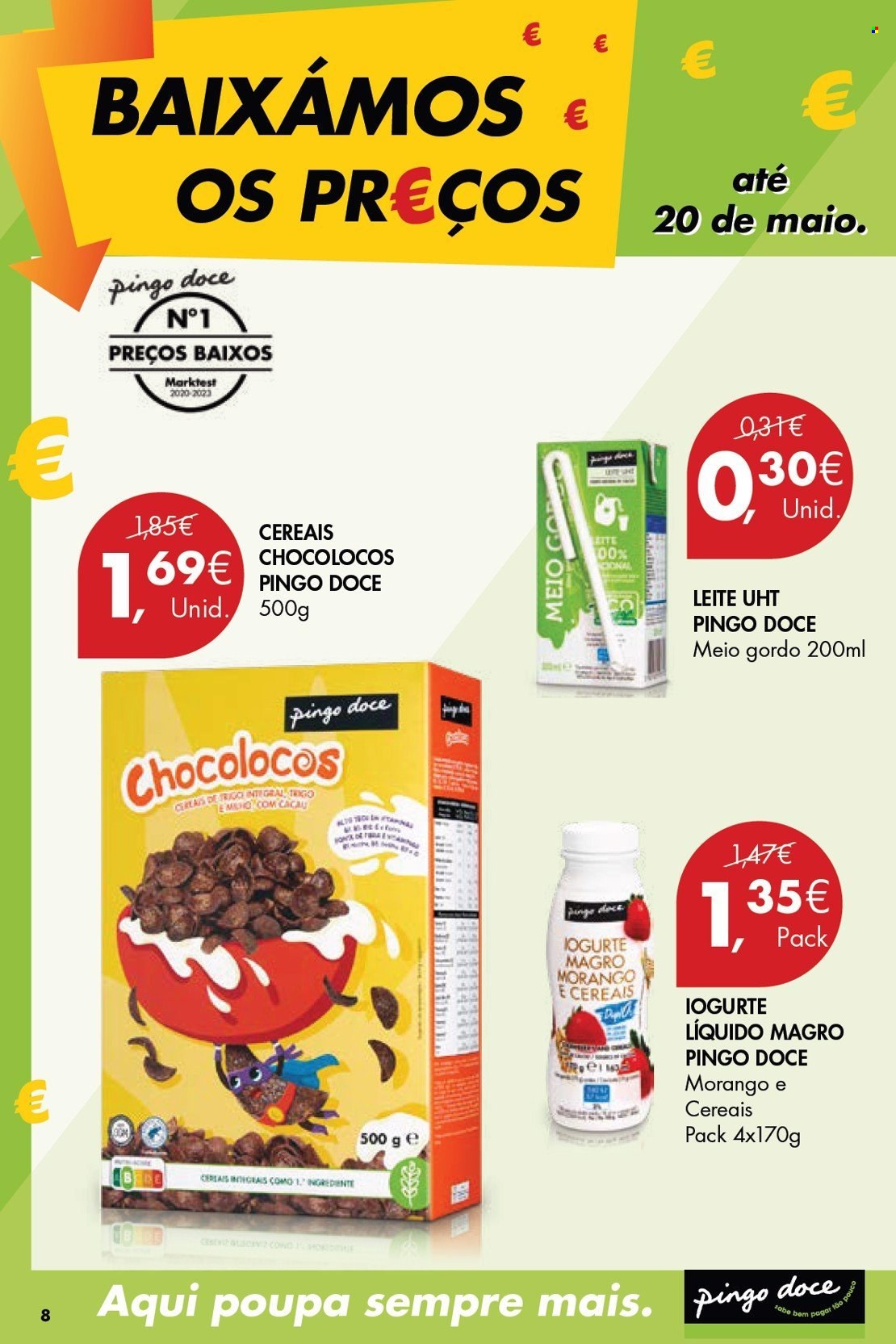 thumbnail - Folheto Pingo Doce - 9.4.2024 - 20.5.2024 - Produtos em promoção - iogurte líquido, cereais, bebida de leite. Página 8.