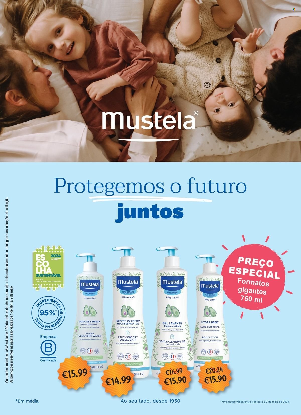 thumbnail - Folheto Auchan - 1.4.2024 - 2.5.2024 - Produtos em promoção - água, Mustela, gel lavante, espuma de banho, loção corporal, leite corporal. Página 31.