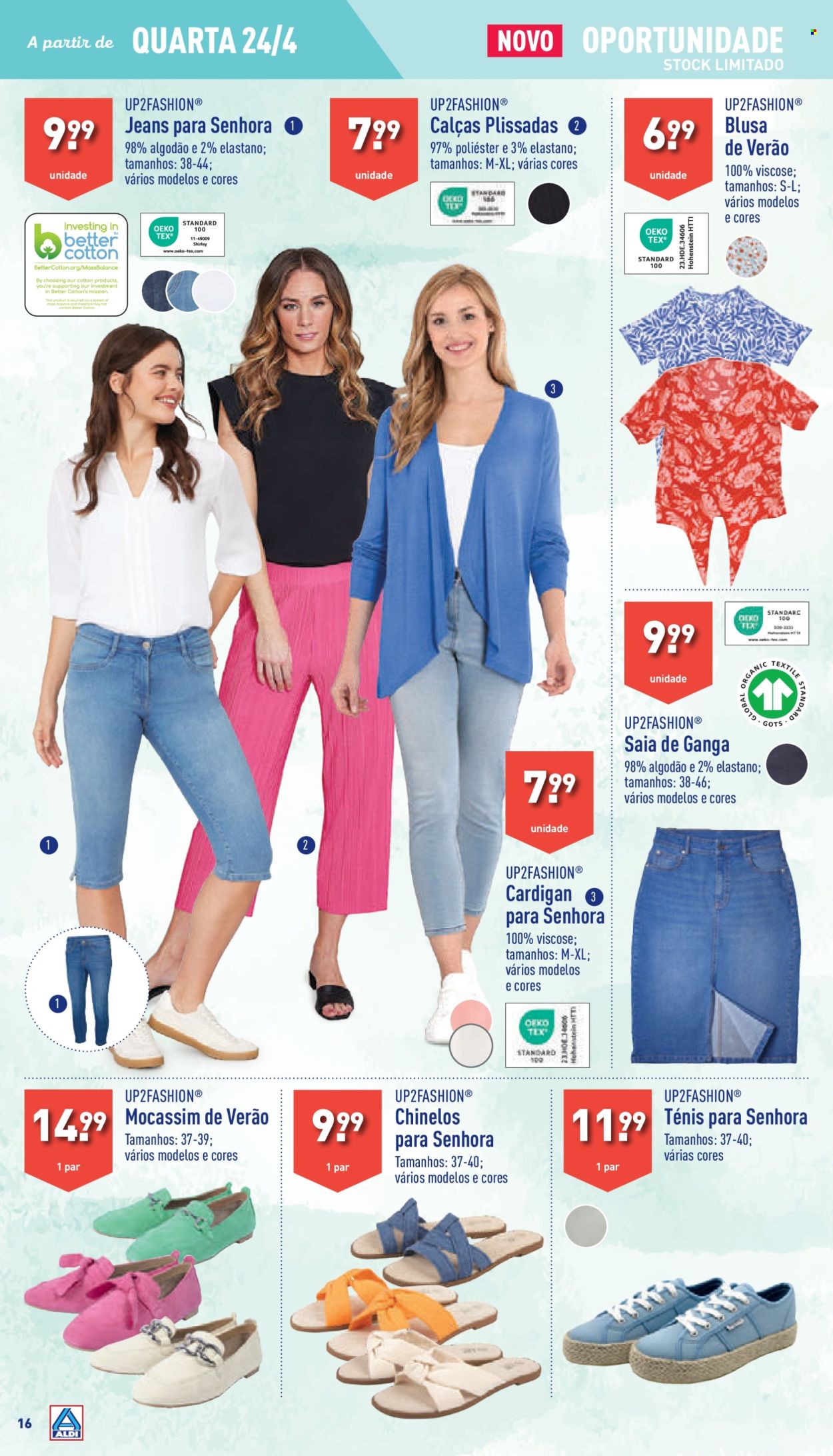 thumbnail - Folheto Aldi - 24.4.2024 - 30.4.2024 - Produtos em promoção - calça, jeans, saia, blusa, cardigan, chinelo, tênis, mocassins. Página 16.