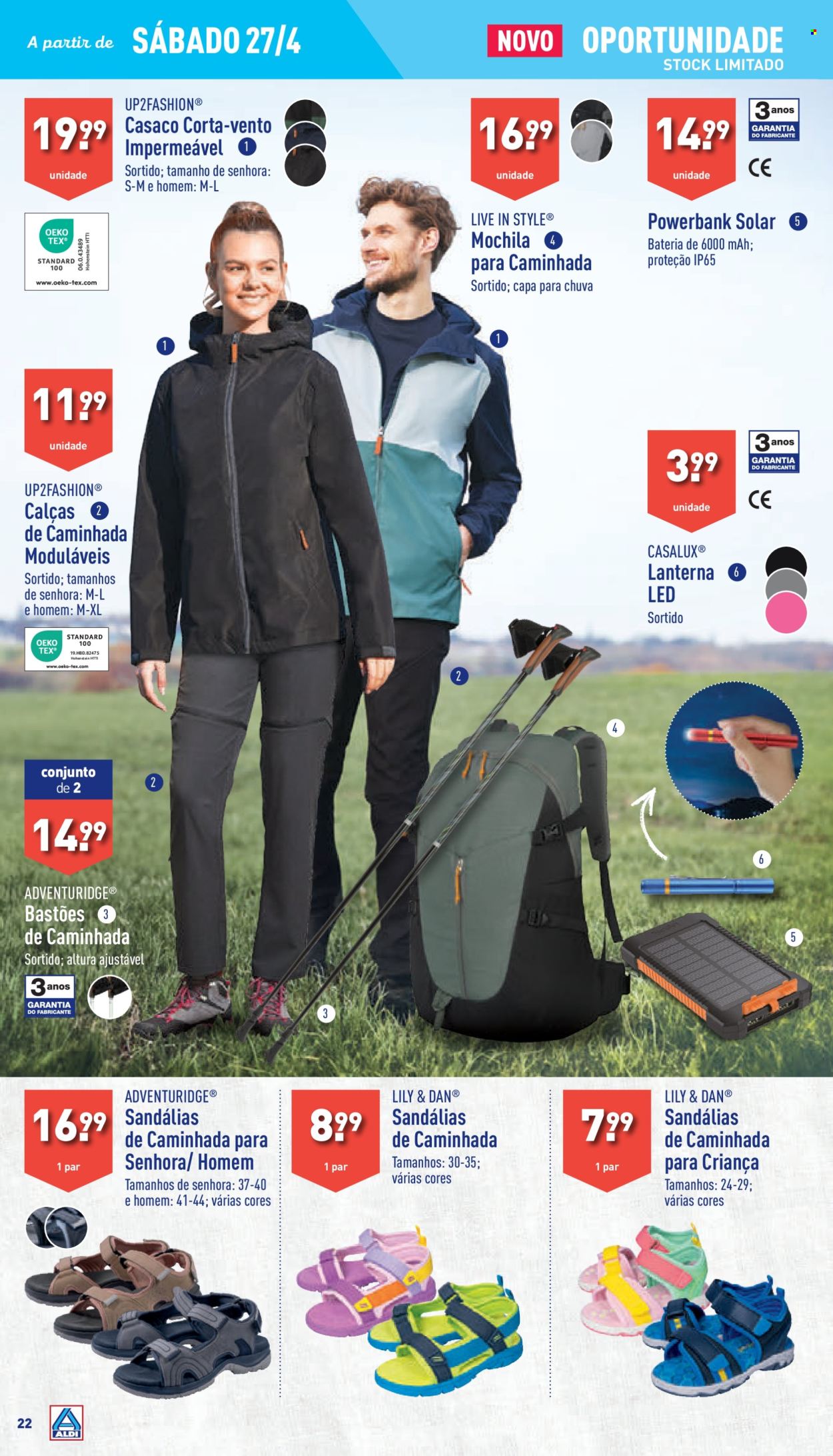 thumbnail - Folheto Aldi - 24.4.2024 - 30.4.2024 - Produtos em promoção - Lily, mochila, powerbank, casaco, calça, sandálias, lanterna. Página 22.