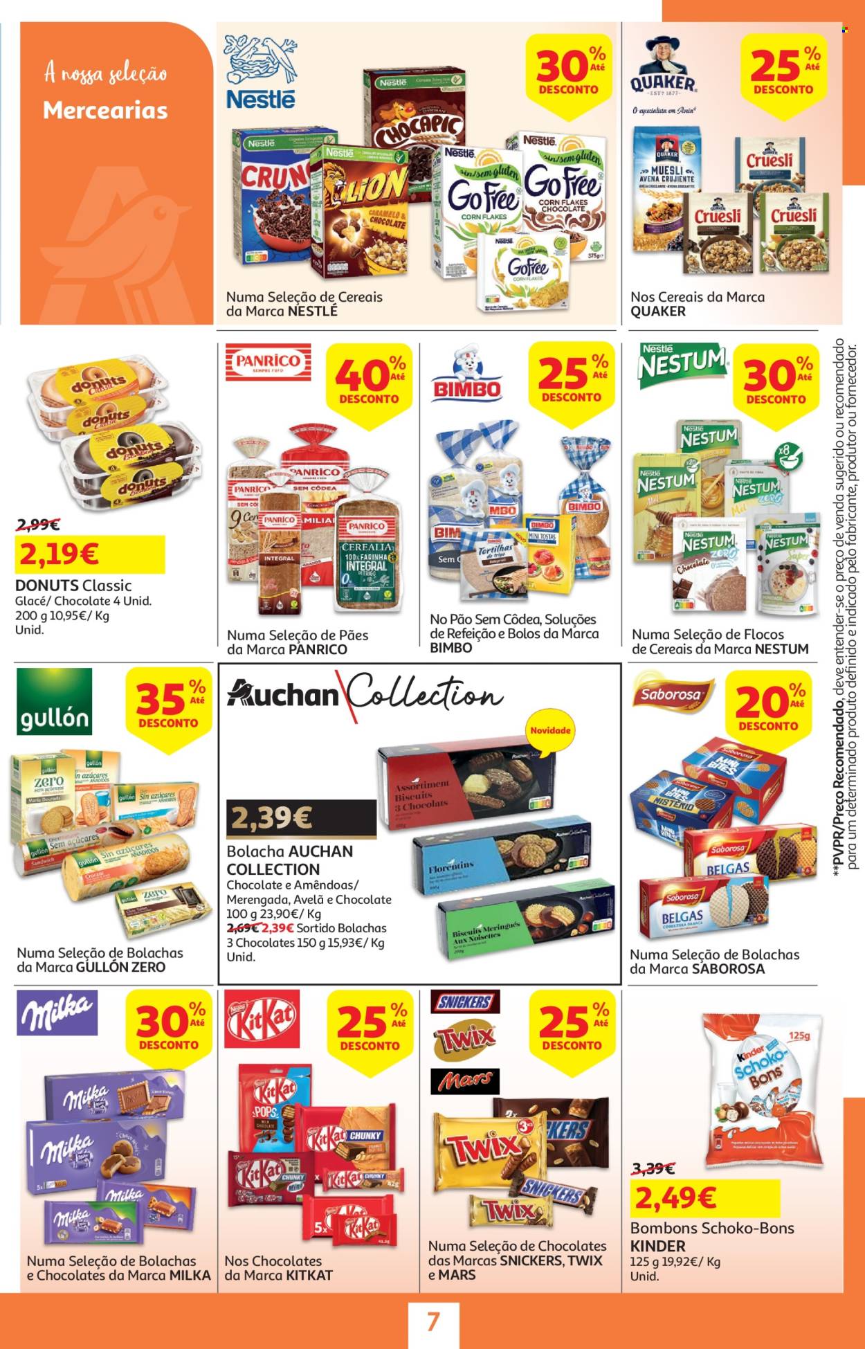 thumbnail - Folheto Auchan - 18.4.2024 - 2.5.2024 - Produtos em promoção - pastelaria, donuts, Milka, Kinder, Snickers, Twix, Nestlé, bombom, Mars, bolachas, flocos. Página 7.
